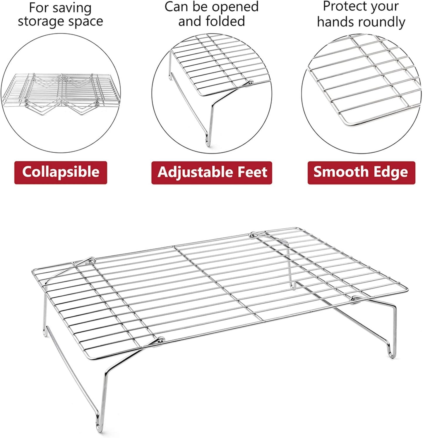 P&P CHEF 3-Tier Cooling Rack Set, Stackable Stainless Steel Baking Cooling Roasting Cooking Racks for Cake, Pastry, Bread, Meat, Bacon, Collapsible & Thick Wire, Oven Safe, 15" x10", Silver