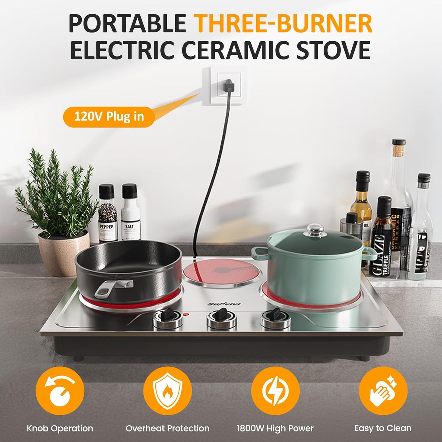 Sunvivi 1800W Triple Burner Portable Electric Ceramic Stove – Knob Control, Indicator Light, Compatible with All Cookware, Ideal for Multiple Cooking Scenarios, Silver