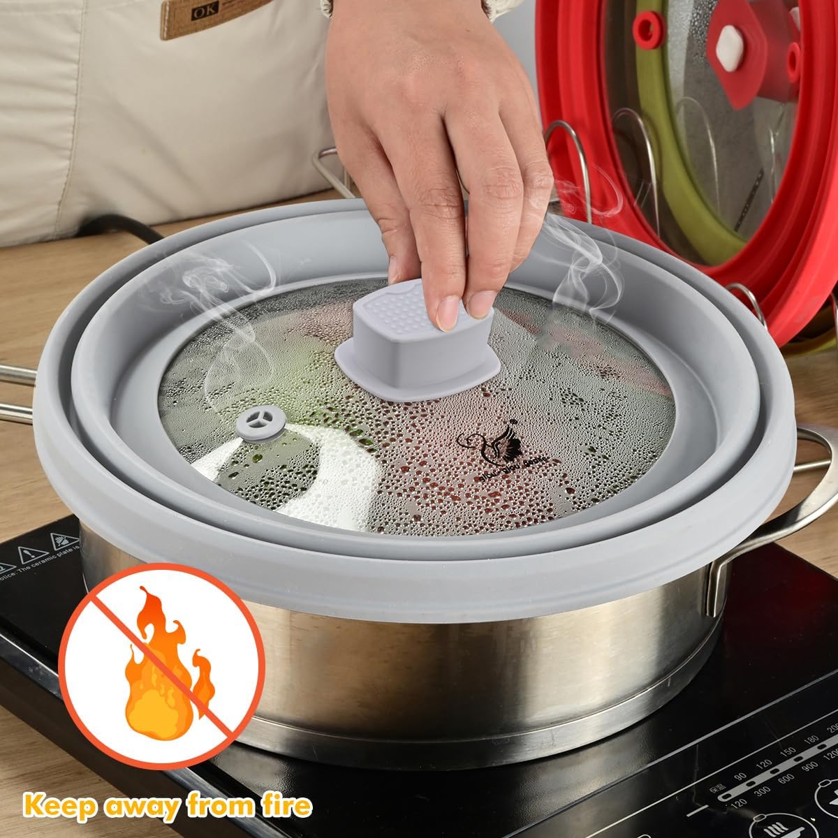 Microwave Splatter Cover Glass Cover Guard Lid with Collapsible Silicone for Food Pot Plate Cover 11.8 inch Light Grey