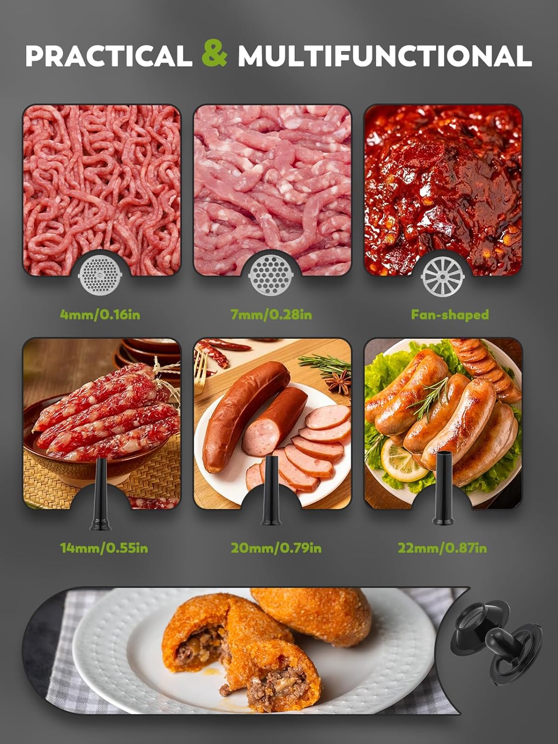 Meat Grinder Electric 3200W Heavy Duty Meat Mincer Chopper Machine Touch Control Multifunctional with Cutting Blade 3 Grinding Plates 3 Sausage Stuffers Kubbe Kit for Household&Commercial