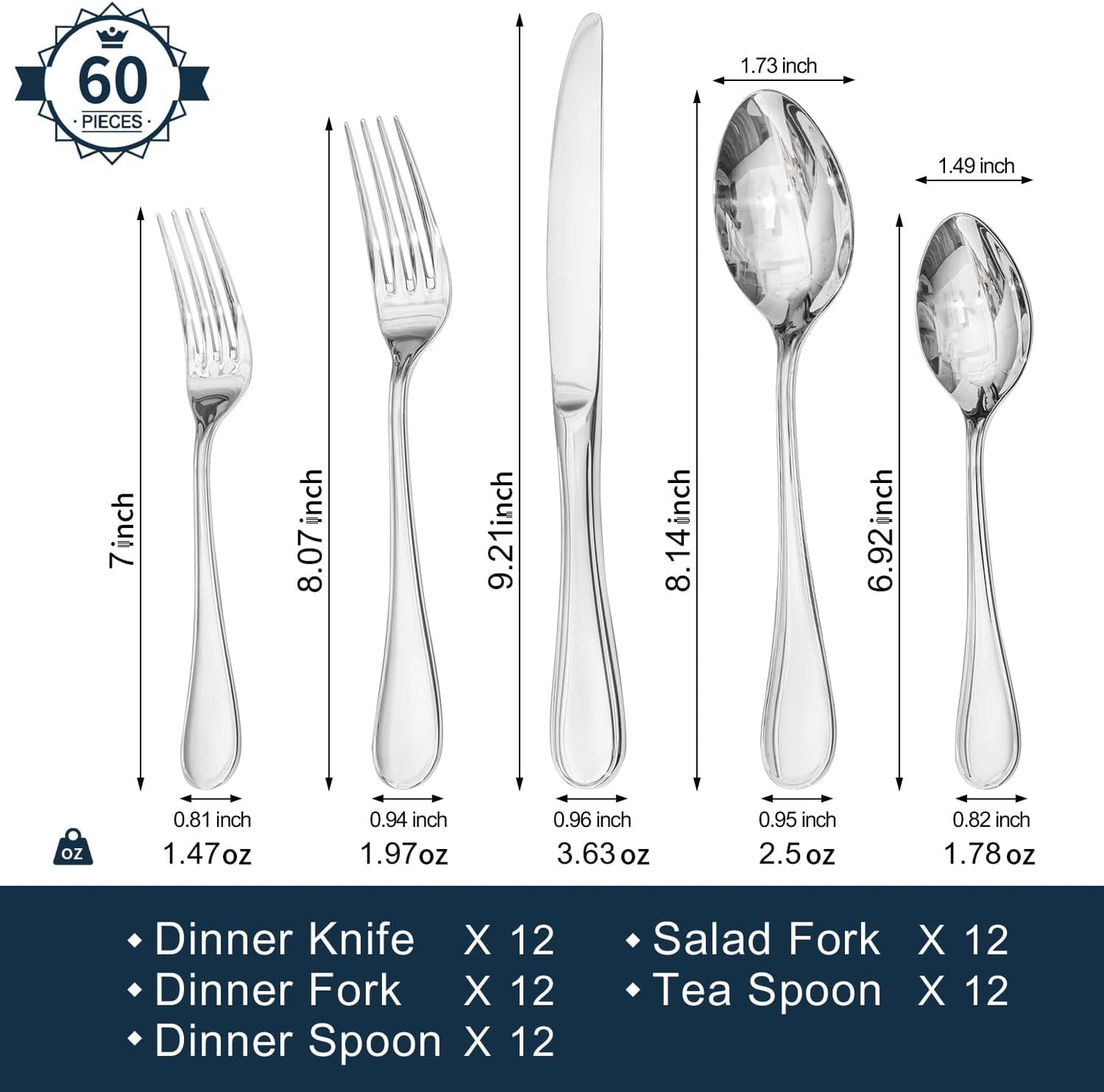KINGSTONE 60 Piece Teardrop Silverware Set for 12, 18/10 Stainless Steel Flatware Set, Modern Design Cutlery Set for Home/Hotel/Wedding,Mirror Polished and Dishwasher Safe