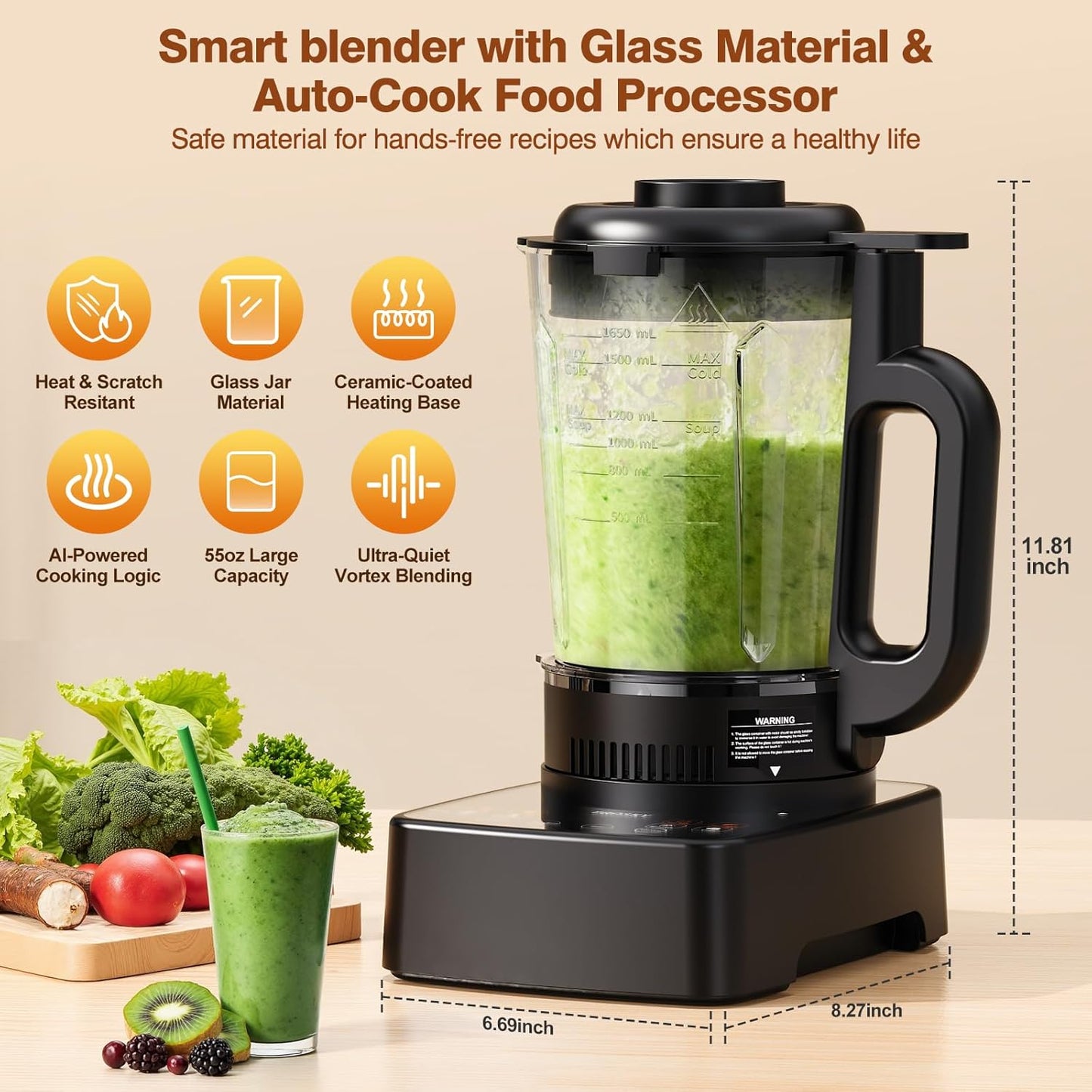 Blenders for Kitchen with Heating, PRASKY 1000W 55oz Glass Blender, 25000 RPM High Speed Professional Blender for Smoothies Shake Juice, Keep Warm & Auto Clean for Ice Crushing Soups Sauces (Black)