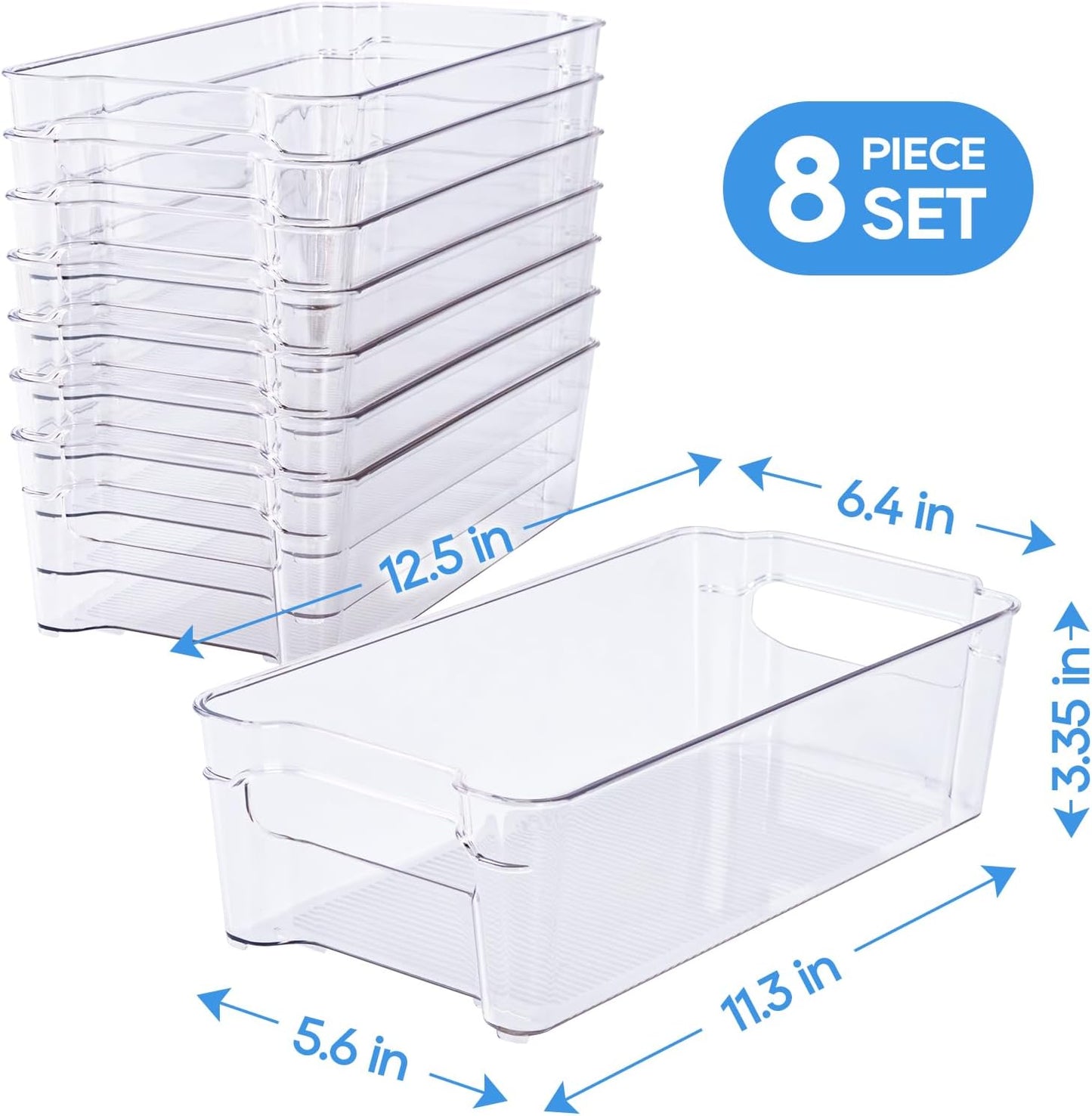 JollyPack 8 Pack Clear Plastic Storage Bins, Refrigerator Organizers and Storage with Handles for Fridge, Pantry, Kitchen, Bathroom, Office, and Cabinet Organization