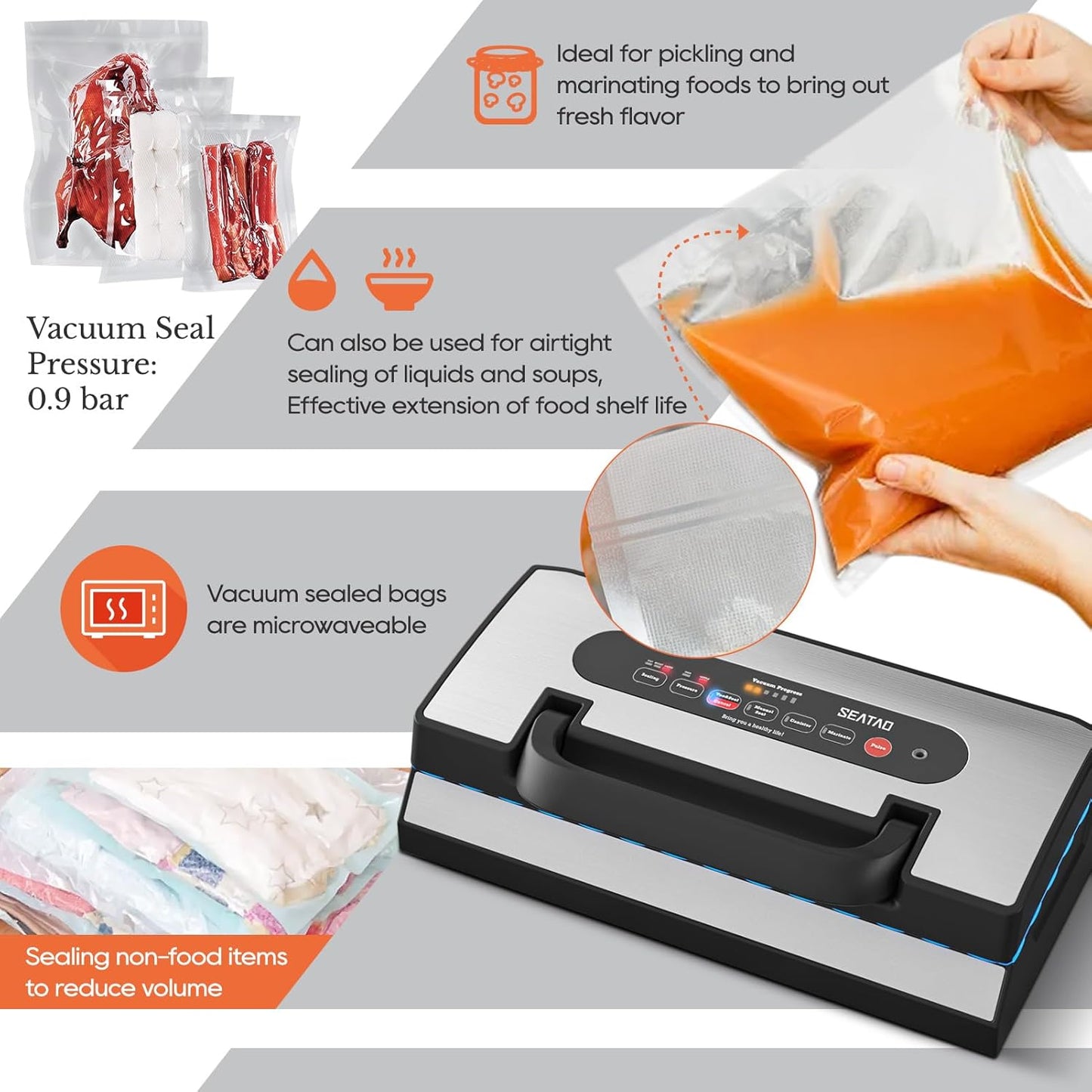 Upgraded Vacuum Sealer for Liquid, SEATAO 90Kpa Vacuum Sealer Machine for Dry/Moist/Liquid Food, Easy-Lock Handle, Double Heat Seal, Built-in Cutter and Bag Storage & Removable Drip Tray