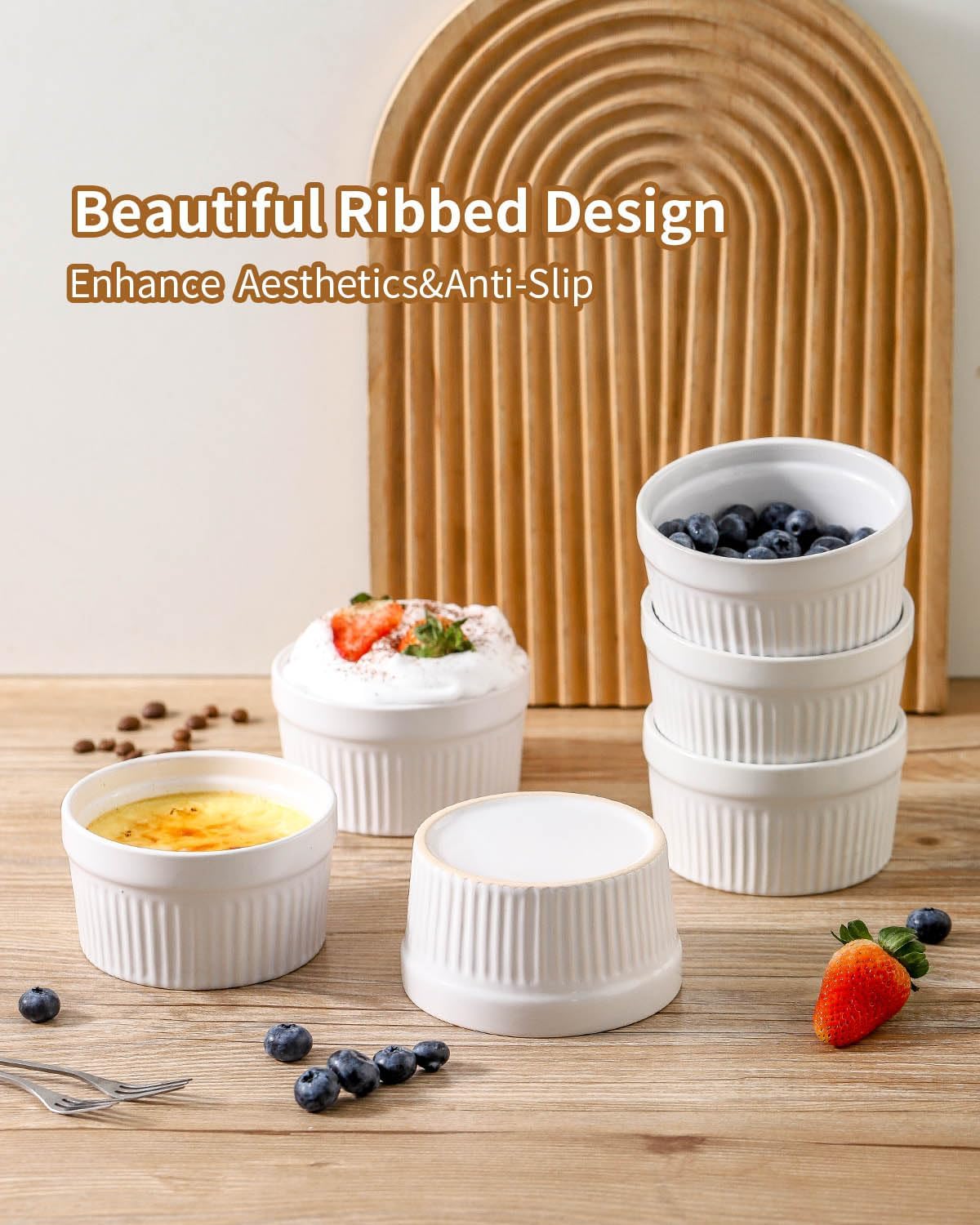 Hasense Ceramic Ramekins, 8 oz Creme Brulee Ramekins Set of 6, Porcelain Souffle Cups for Pudding, Dipping Sauce, Ice Cream, Custard, Ceramic Baking Dish, Dishwashing Safe, White