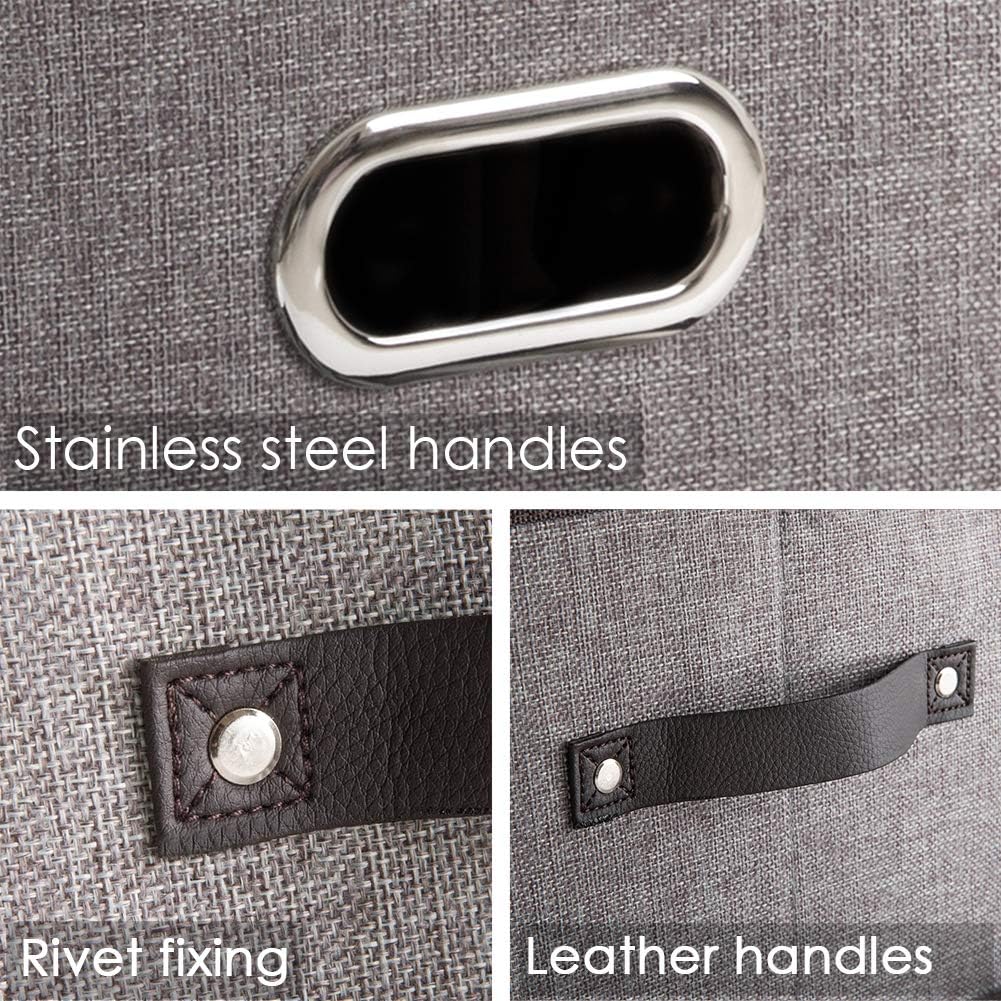 PRANDOM Large Collapsible Storage Baskets for Closet [5-pack] Decorative Fabric Storage Bins Cubes with Leather/Metal Handles for Shelves Bedroom Living Room Grey (14.9x9.8x8.3 Inch)