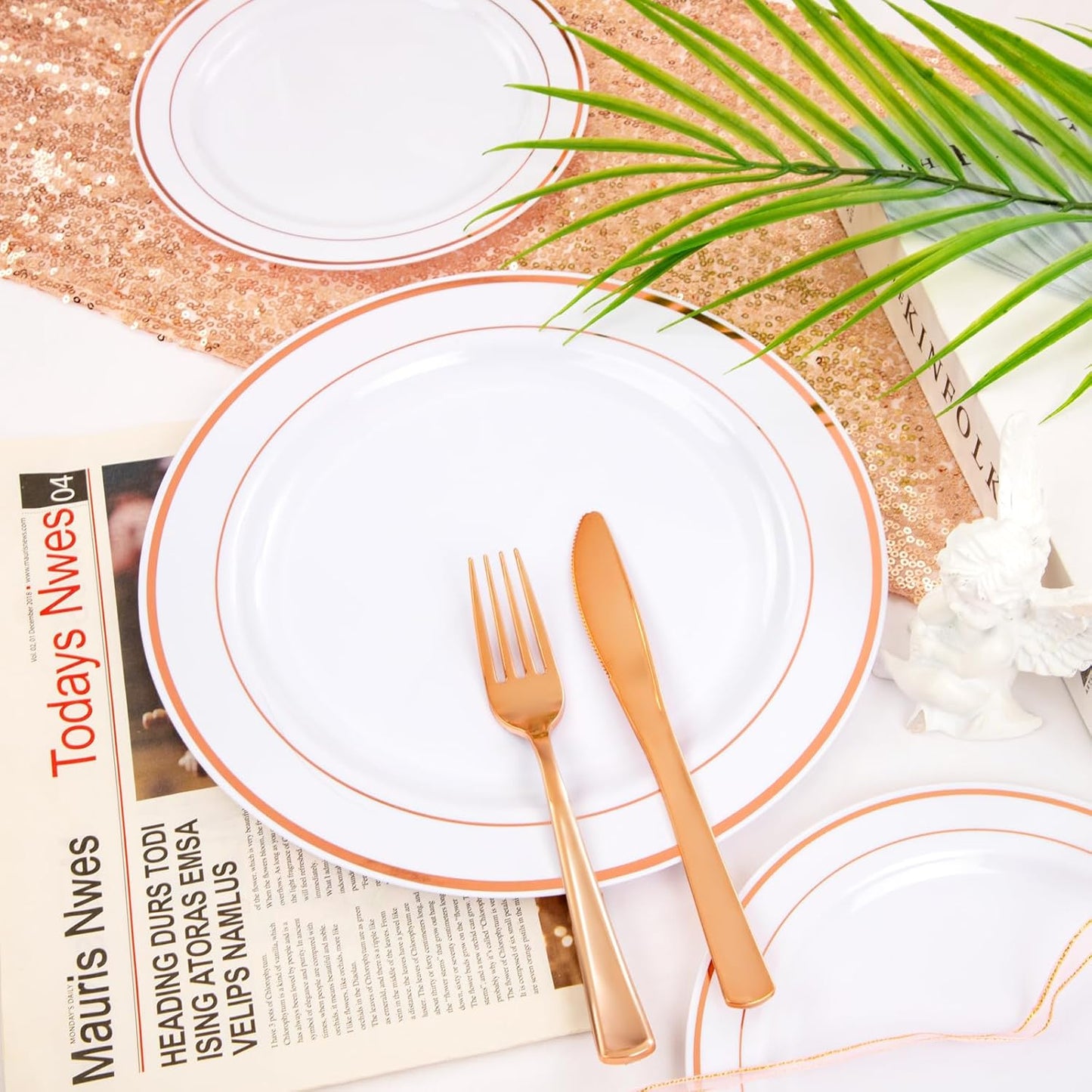 FLOWERCAT 60PCS Rose Gold Plastic Plates - Heavy Duty Rose Gold Plates Disposable for Party Wedding- Include 30PCS 10.25inch Dinner Plates and 30PCS 7.5inch Dessert Plates
