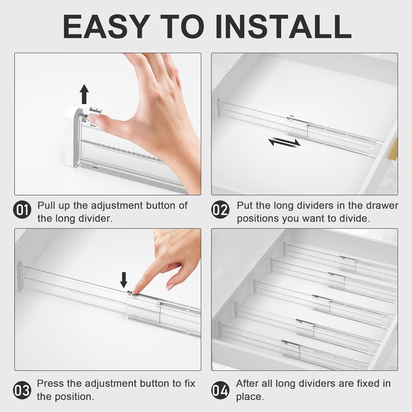 HiYZ Expandable Drawer Dividers - 12.6-22.8'' Adjustable Drawers Organizers for Kitchen Utensils, Drawer Separators in Bedroom, Dresser, Office, Bathroom, Fridge, 12 Pack Long Dividers-Clear