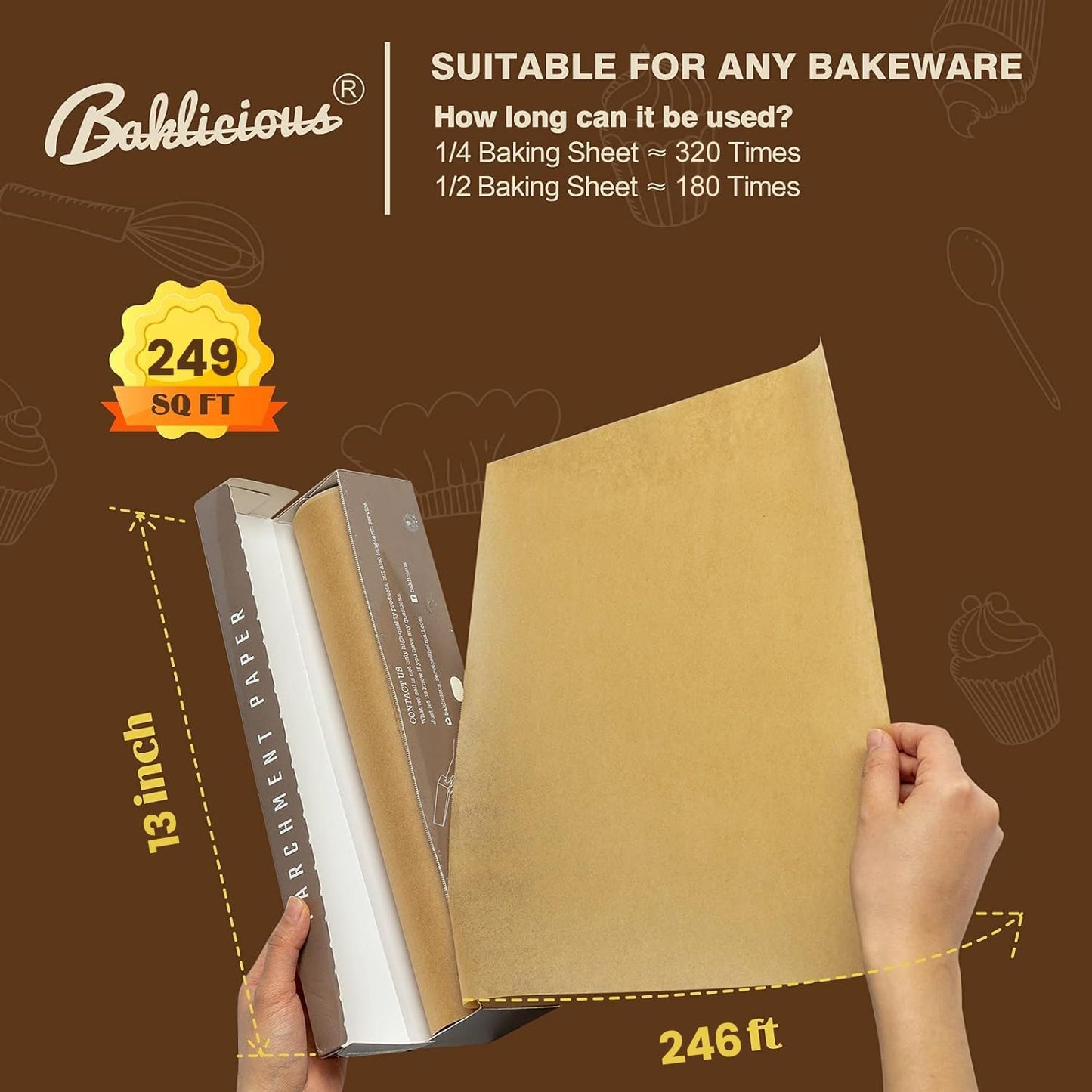 Unbleached Parchment Paper Roll for Baking, 13 in x 242 Ft, 249 Sq.Ft, Baklicious Non-stick Baking Parchment Paper for Baking, Cookies, Bread, Oven, Air Fryer, Steamer, Baking paper