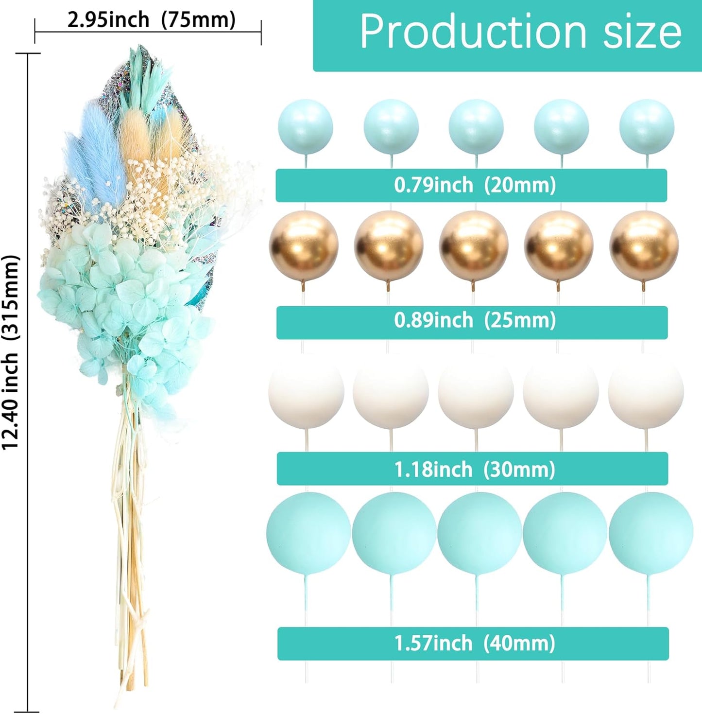 Gyufise 21 Pack Flower Boho Cake Topper Ball Cake Decorations Palm Leaves Plants Cake Decor for Girl Bohemian Princess Theme Wedding Baby Shower Birthday Party Supplies Blue