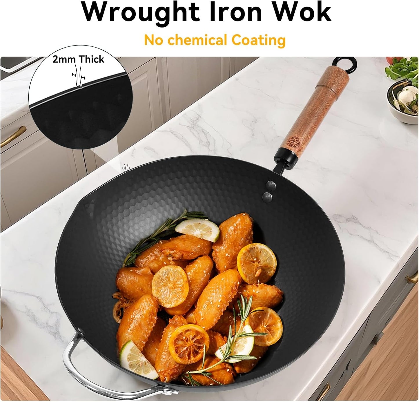 WANGYUANJI 12.6" Wok with Lid, Flat Bottom Nonstick Wok Pan for Induction Cooktop, Stir Fry Woks & Pans for Cooking