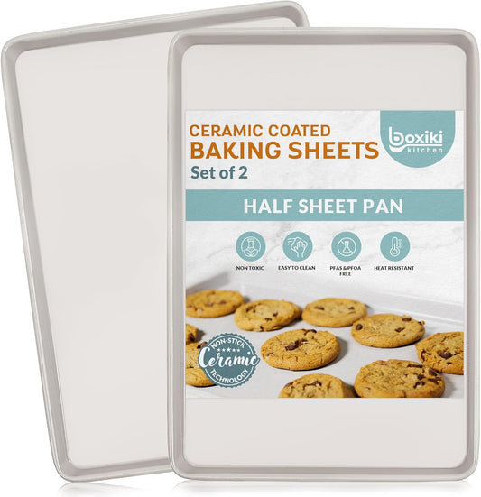 Boxiki Kitchen Nonstick Ceramic Baking Sheet/Cookie Sheet - Set of 2, Durable and Easy to Clean Baking Pans for Kitchen - Dishwasher and Freezer Safe, PFAS-Free (Half Sheet Pan)