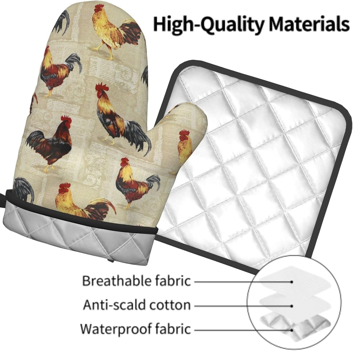 Rustic Rooster Oven Mitts and Pot Holder Set of 2 Farm Animal Print Heat Resistant Gloves Hot Pads for Kitchen Grilling Baking Cooking BBQ