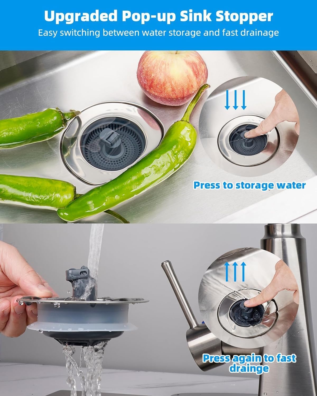 Hibbent 2 Pack 3 in 1 Kitchen Sink Drain Strainer and Stopper Combo, Chrome Stainless Steel Wraped Shell, 6 Anti-Clogging Basket Strainer with Foldable Handle for US Standard 3-1/2" Drain