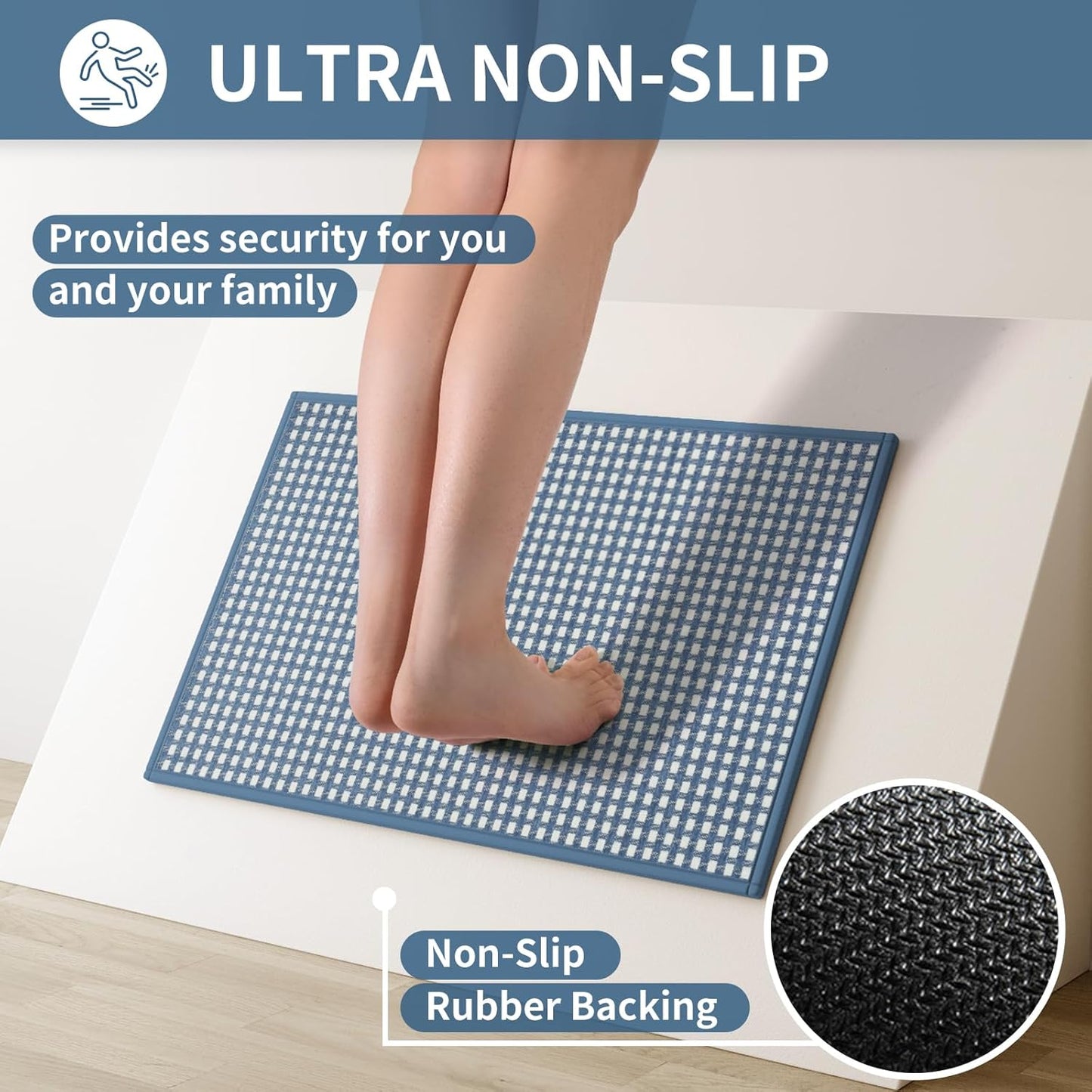 Kitchen Runner Rugs Non Slip Washable, Super Absorbent Soft Chenille Braided Kitchen Mats for Floor Rubber Backing Sink Mat Standing Hallway Floor Mat, Easy Clean, Blue 17"x59"