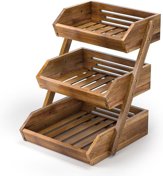 G.a HOMEFAVOR Fruit Basket: 3-Tier Acacia Wood Fruit Bowl for Kitchen, Fruit Stand Storage Holder for Vegetables and Snack Home Kitchen Countertop Organizer (Self-assembly)