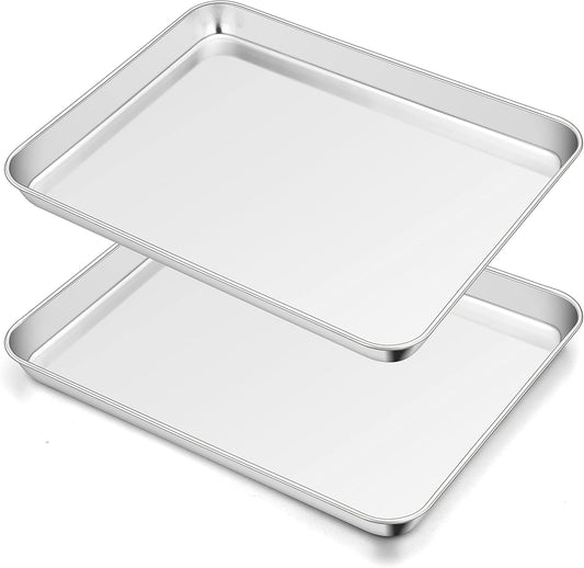 TeamFar Toaster Oven Pan Set of 2, Stainless Steel Toaster Oven Baking Tray Ovenware, 12.5’’x 9.5’’x1’’, Non Toxic & Healthy, Rust Free & Mirror Finish, Easy Clean & Dishwasher Safe