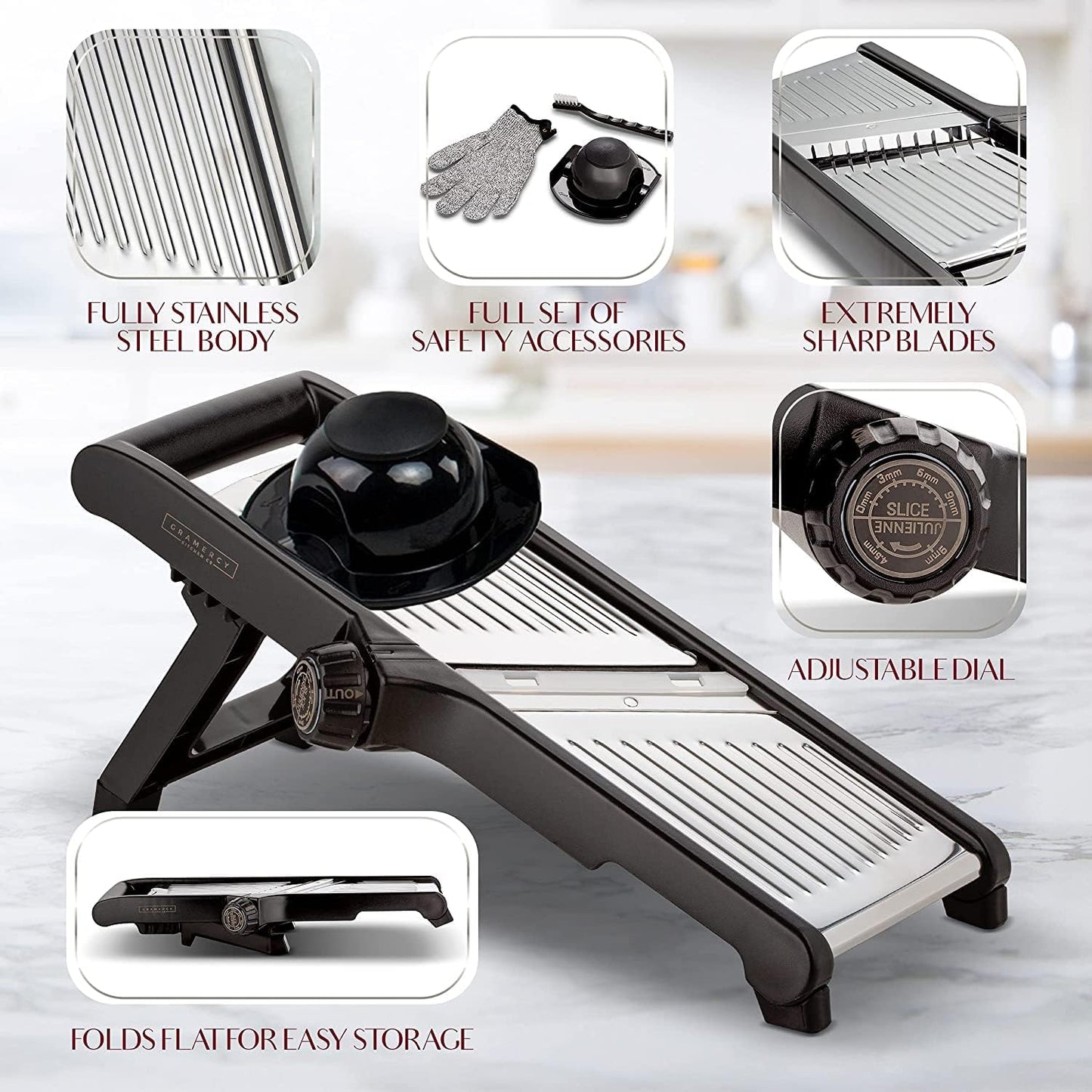 Gramercy Mandoline Food Slicer, Vegetable Cutter, Potato Slicer, Mandolin for Kitchen, Veggie Cutter, Cucumber Tool - Comes with One Pair Cut-Resistant Gloves