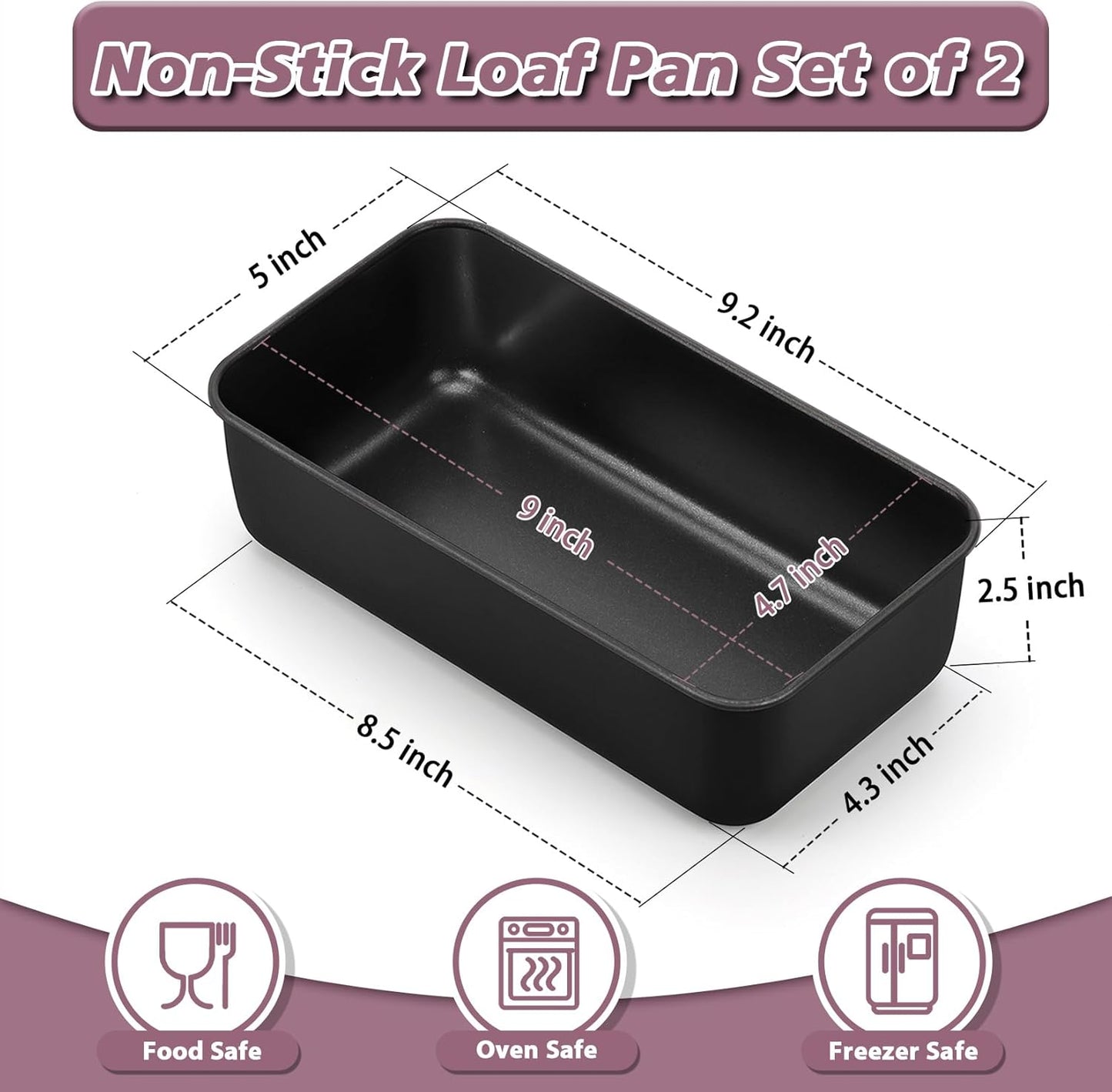 P&P CHEF Loaf Pan Set, 9 x 5 Inch Bread Pans, Stainless Steel Loaf Toast Baking Pans For Bread Meatloaf Lasagna Cake, Healthy & Non Toxic, Oven & Dishwasher Safe,(Black, 2Pcs)