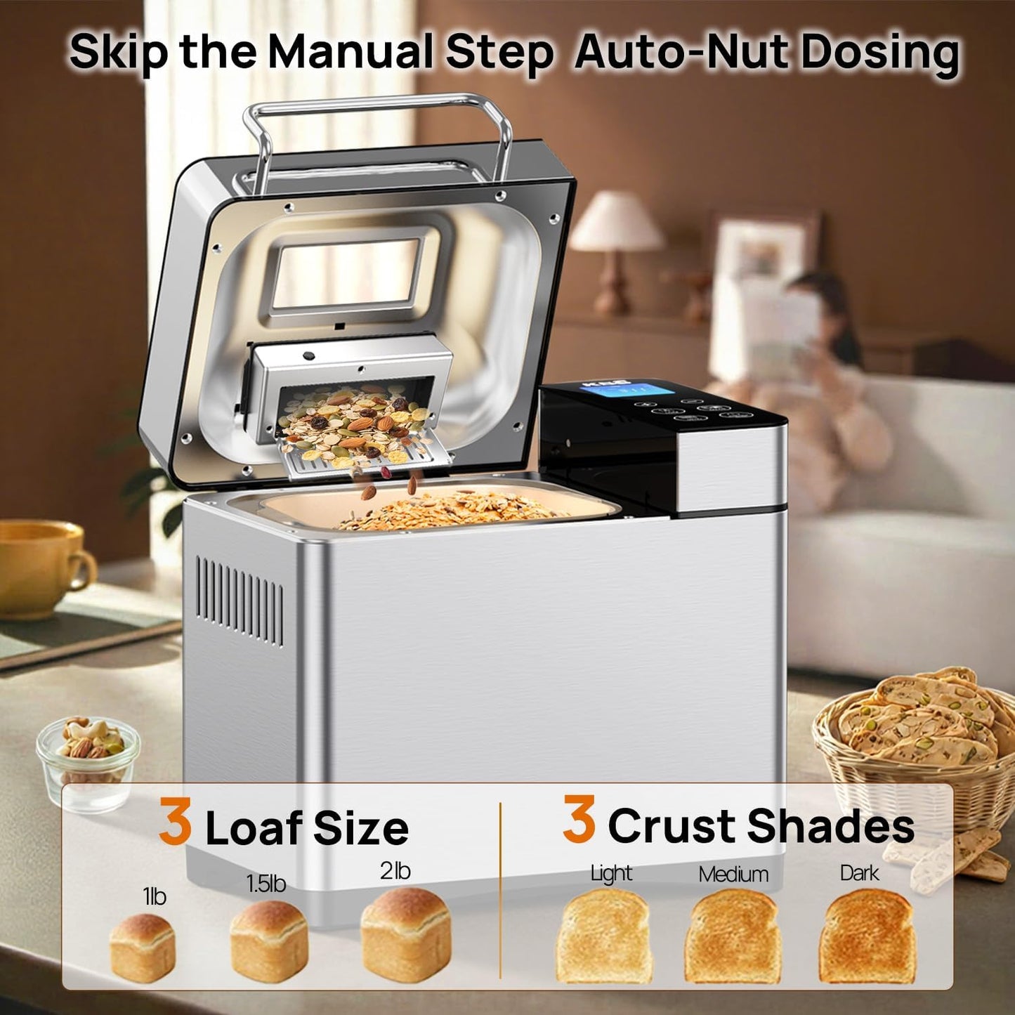 KBS Pro Stainless Steel Bread Machine, 2LB 17-in-1 Programmable XL Bread Maker with Fruit Nut Dispenser, Nonstick Ceramic Pan& Digital Touch Panel, 3 Loaf Sizes 3 Crust Colors, Reserve& Keep Warm Set