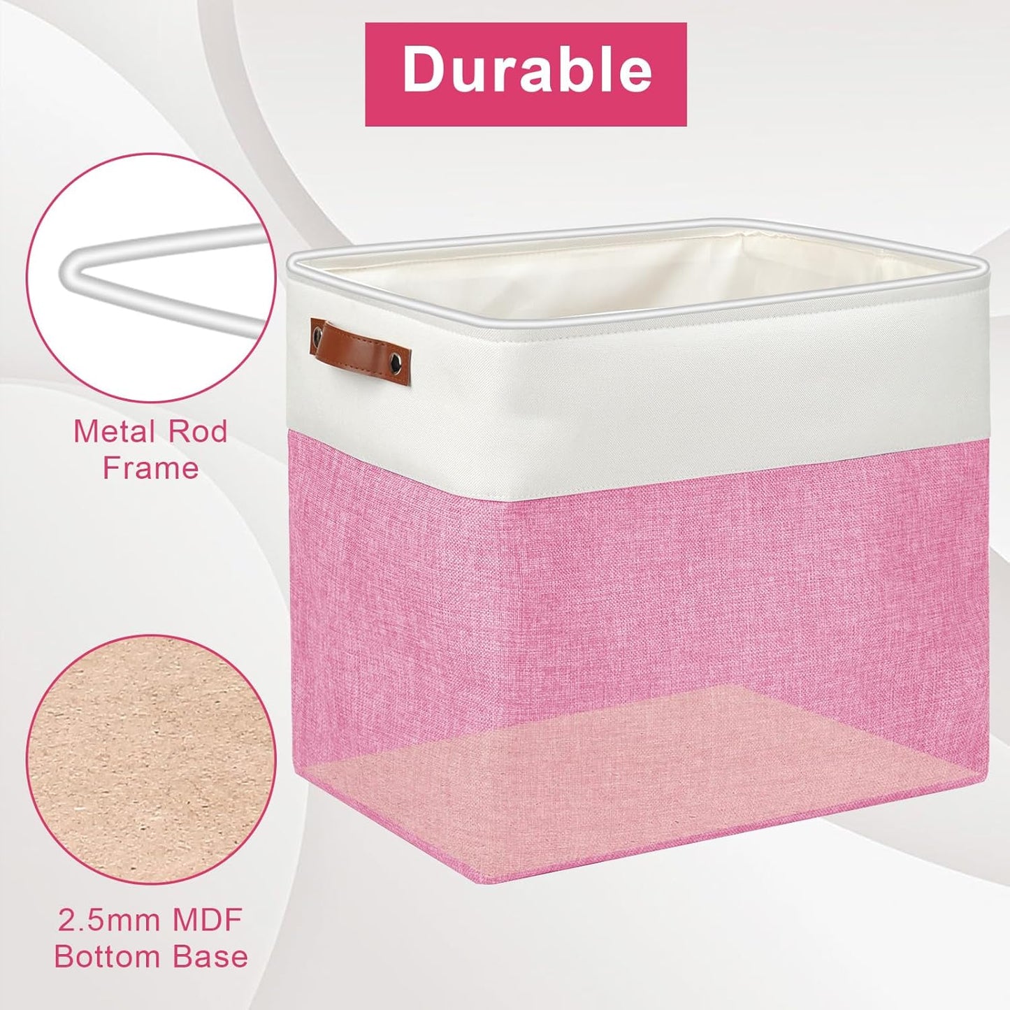 Large Fabric Storage Baskets | 50L Storage Bins, Decorative Linen Closet Baskets with Handles for Organizing, Shelf, Toys, Clothes, Home, Office, Nursery, 17x12x15Inches (Pink&White)