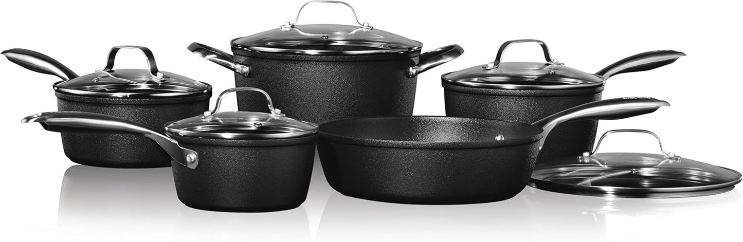 Starfrit The Rock Diamond 10PC Non-Stick Set - Durable Forged Aluminum - Oven Safe - PFOA Free - Easy to Clean - Black