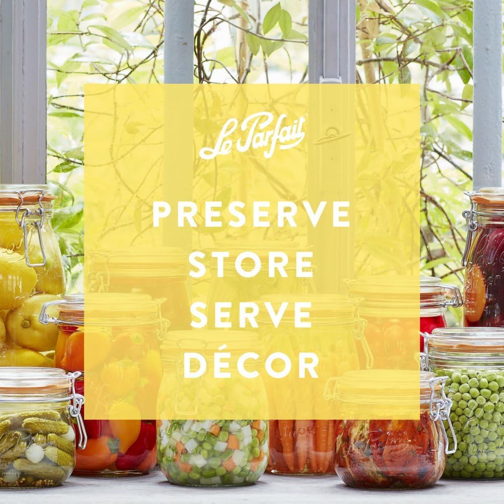 Le Parfait Super Jar, Canning Jars, 1L French Glass Canning Jar w/Round Body, Glass Jars With Airtight Lid, Canning Jars Wide Mouth, Glass Jar With Lid, Clear Jars, Clear Glass Jars (32oz/Quart, 4 pk)