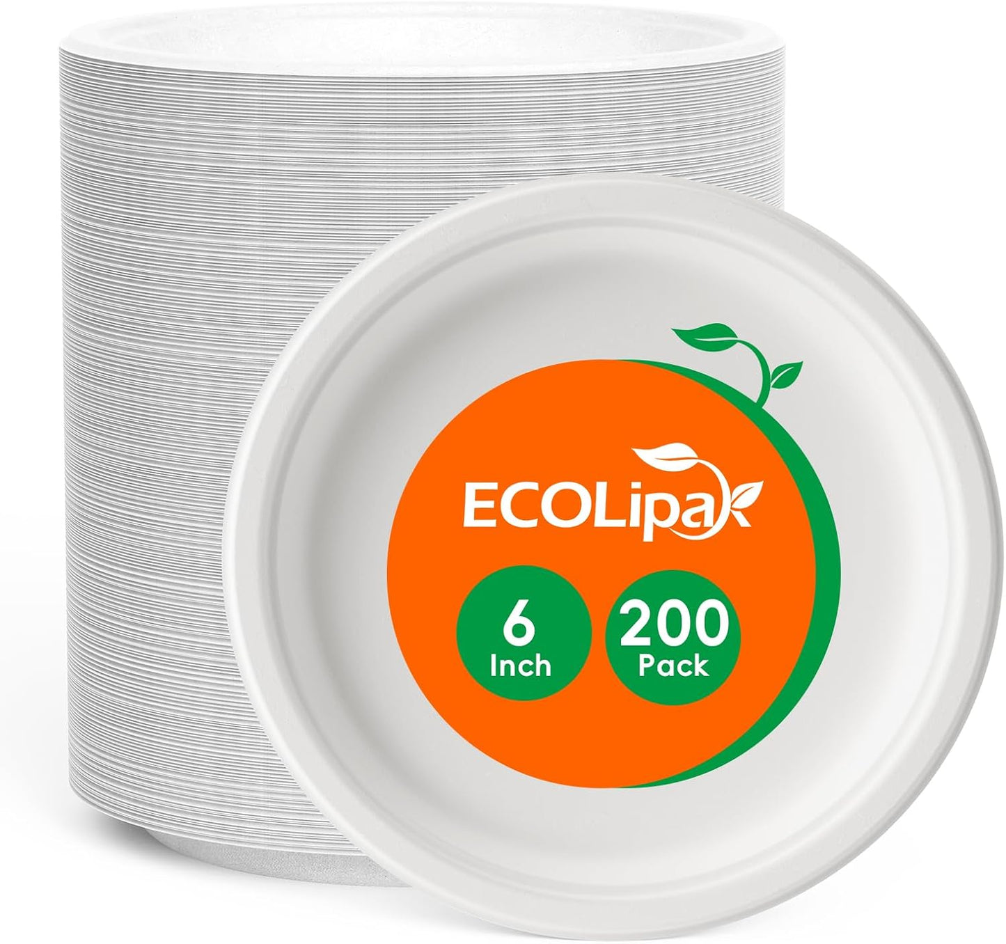 ECOLipak 6 Inch Disposable Compostable Small Paper Plates, 200 Pack Recycled Sugarcane Bagasse Biodegradable Heavy Duty Mini Dinner Appetizer Cake Dessert Plates for Party(White)