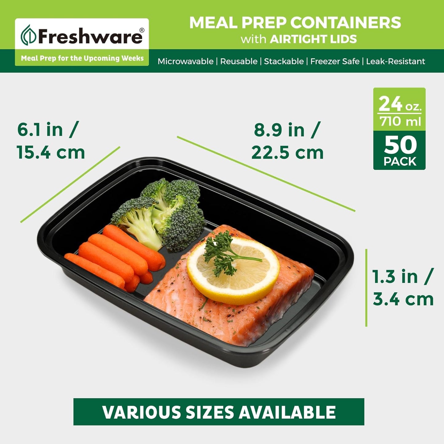 Freshware Meal Prep Containers [50 Pack] 1 Compartment with Lids, Food Storage Containers, Bento Box, BPA Free, Stackable, Microwave/Dishwasher/Freezer Safe (24 oz)