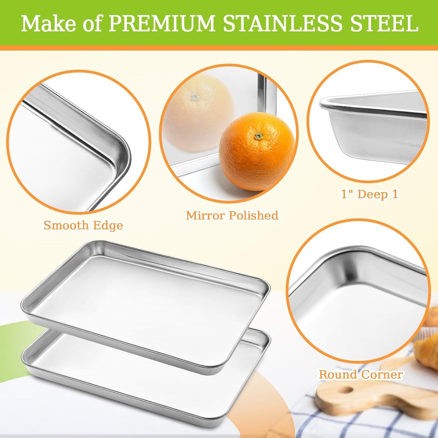 Small Baking Sheet of 2, CEKEE Stainless Steel Baking Pan Tray Cookie Sheet, Size 9 X 7 X 1 inch, Healthy & Non Toxic, Rust Free & Mirror Finish, Easy Clean & Dishwasher Safe
