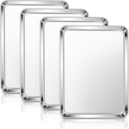 E-far Baking Sheets Set of 4, 16” x12” x 1” Stainless Steel Cookie Sheets Pans for Oven, Non-toxic Metal Trays for Baking Cake Cookie, Healthy & Rust Free, Mirror Finish & Dishwasher Safe