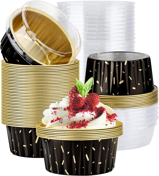 EUSOAR Foil Ramekins with Lids, Black 60Packs 5oz Disposable Baking Cups Foil Liner Cupcake Container, Dessert Cheesecake Pan Creme Brulee Cupcake Containers for Catering Gathering Club Wedding Party