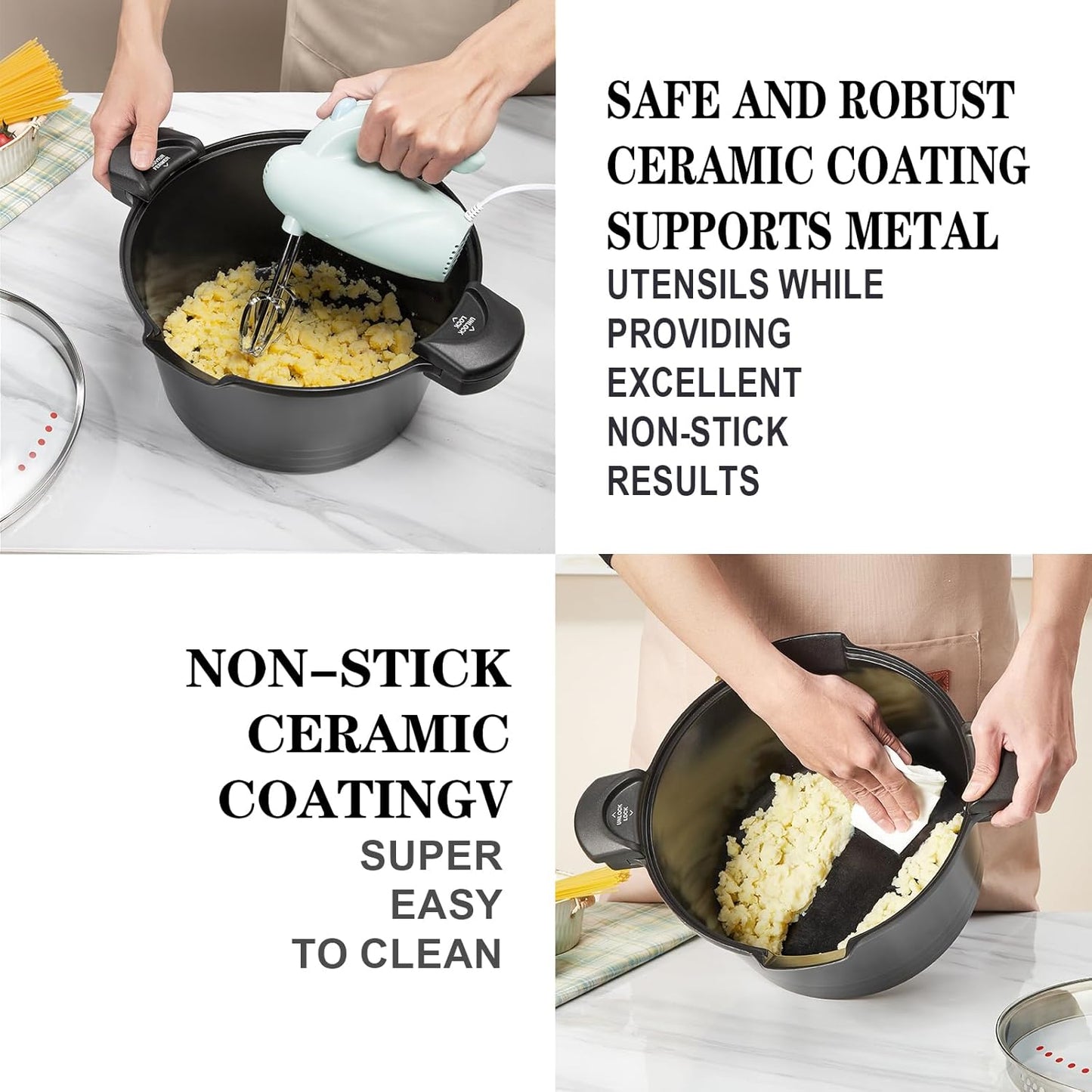 8.5qt Pasta Pot with Strainer Lid, Cast Aluminum Stockpot Multipot, Nonstick Ceramic Coating make Cleanup easy with Tempered Glass Lid, Dishwasher Safe, Induction, Black (Black, 8.5 Quarts)