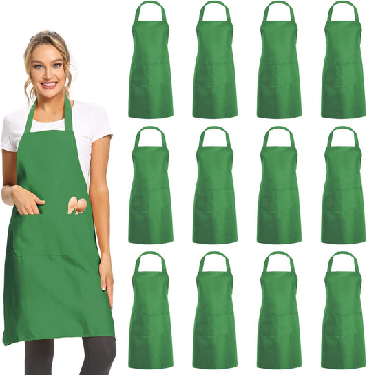 DUSKCOVE 12 Pack Plain Bib Aprons with 2 Pockets - Green Unisex Commercial Apron Bulk for Kitchen Cooking Restaurant BBQ Painting Crafting