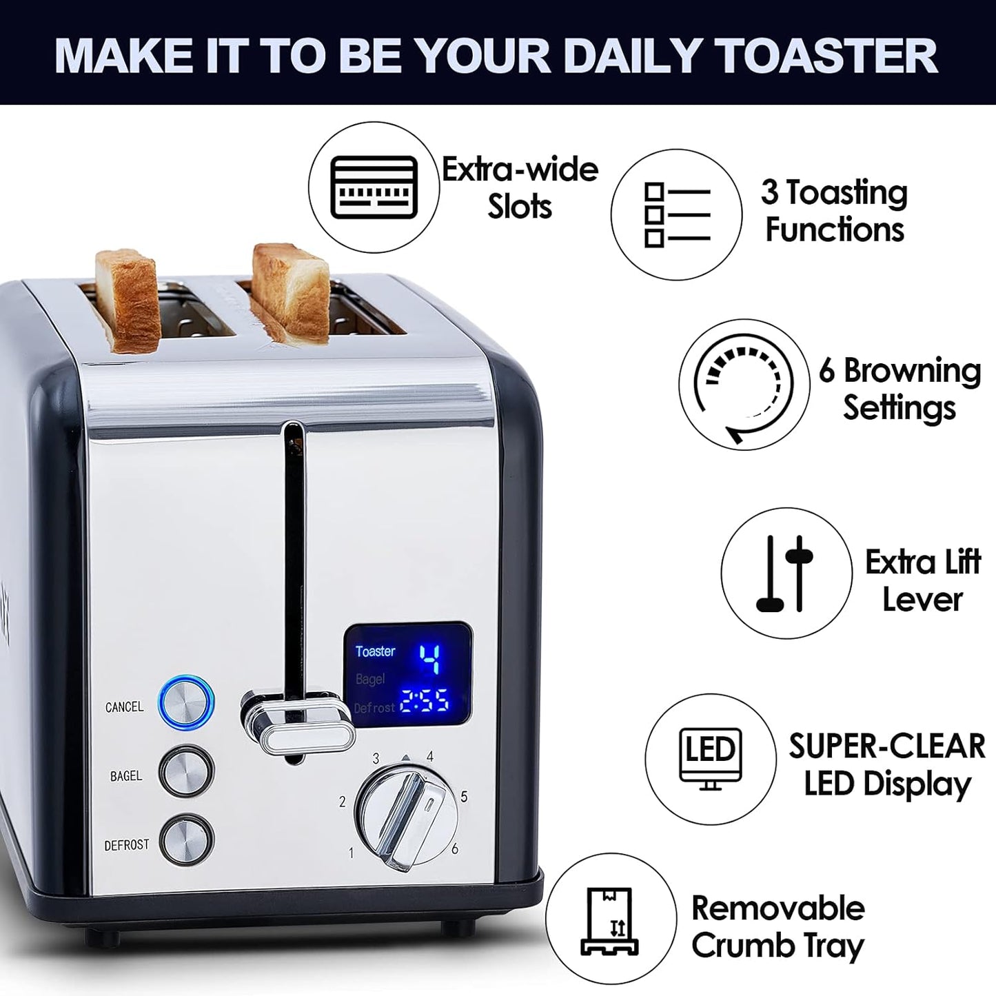 CUSIMAX Stainless Steel 2 Slice Toaster with LED Display, Extra-wide Slots, 6 Browning Settings, Cancel/Bagel/Defrost, Removable Crumb Tray, Black