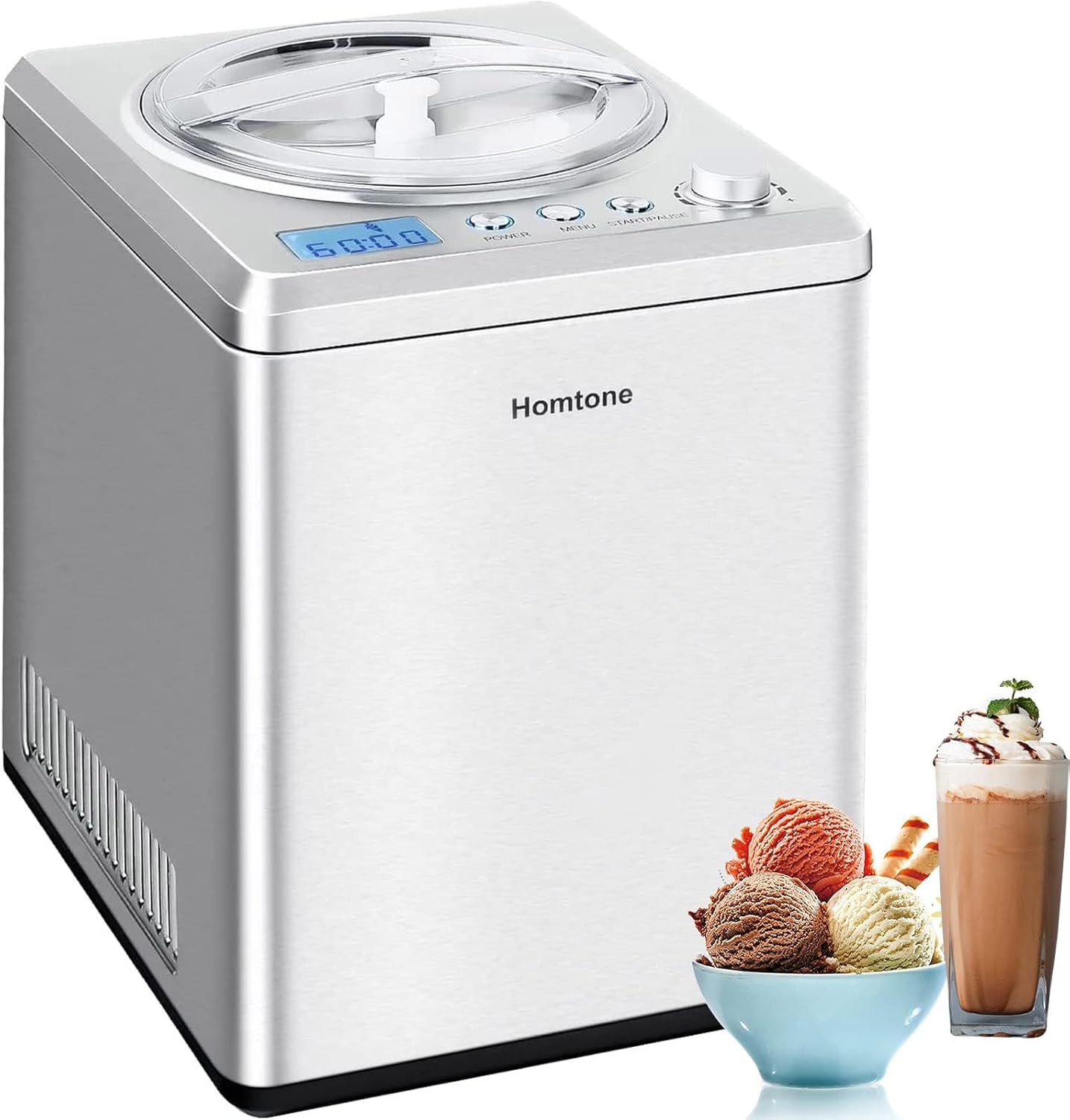 Homtone 2.64 QT Ice Cream Maker, No pre-Freezing & Large Capacity Automatic Ice Cream Machine with Compressor, Easy Operate & Clean, Keep Cooling for 2H, All Stainless Steel, LCD Digital Display