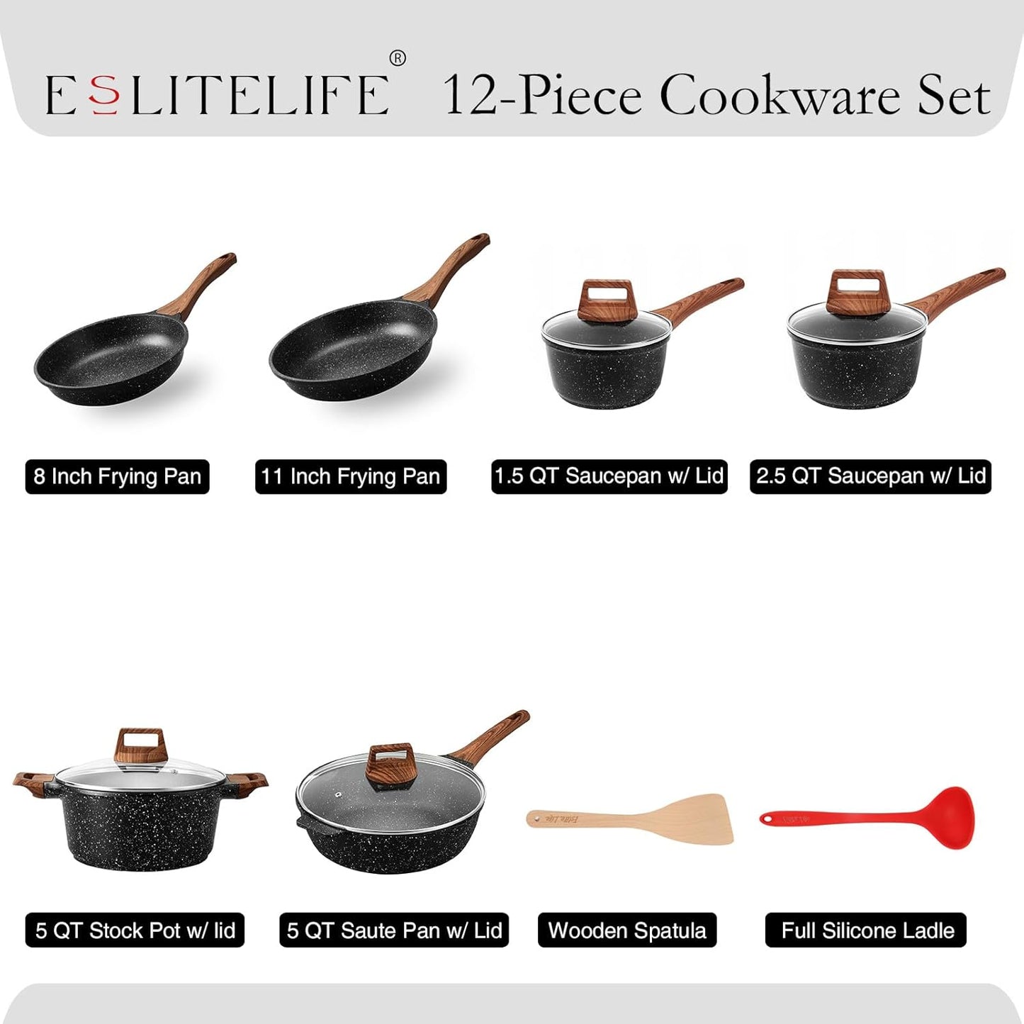 ESLITE LIFE Nonstick Cookware Sets, 12 Pcs Granite Coating Pots and Pans Set Kitchen Cooking Set, Compatible with All Stovetops (Gas, Electric & Induction), PFOA Free, Black