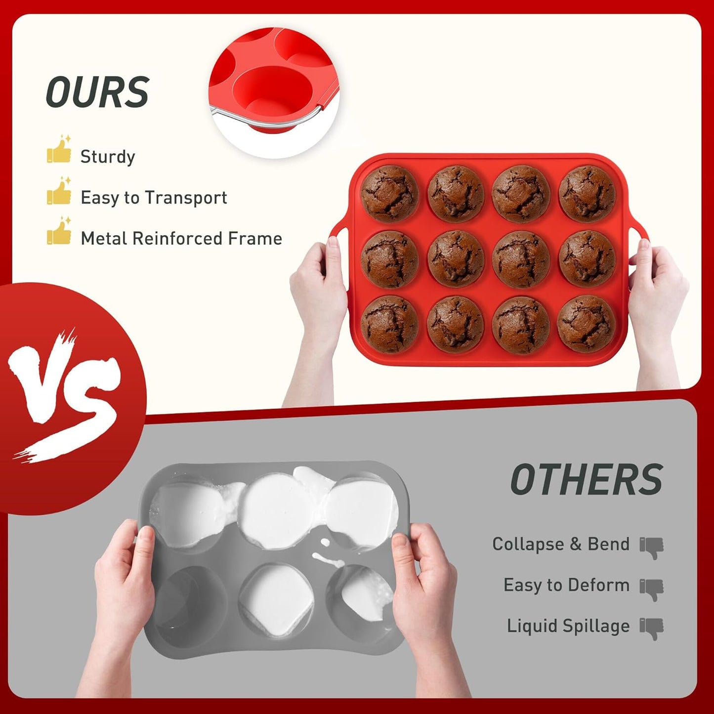 12 Cups Silicone Muffin Pan with Metal Reinforced Frame Regular Size Cupcake Pan Tray Egg Bites Silicone Circle Cookie Molds Muffin Tin Tart Pans Baking Sheet Set for Breakfast Sandwiches