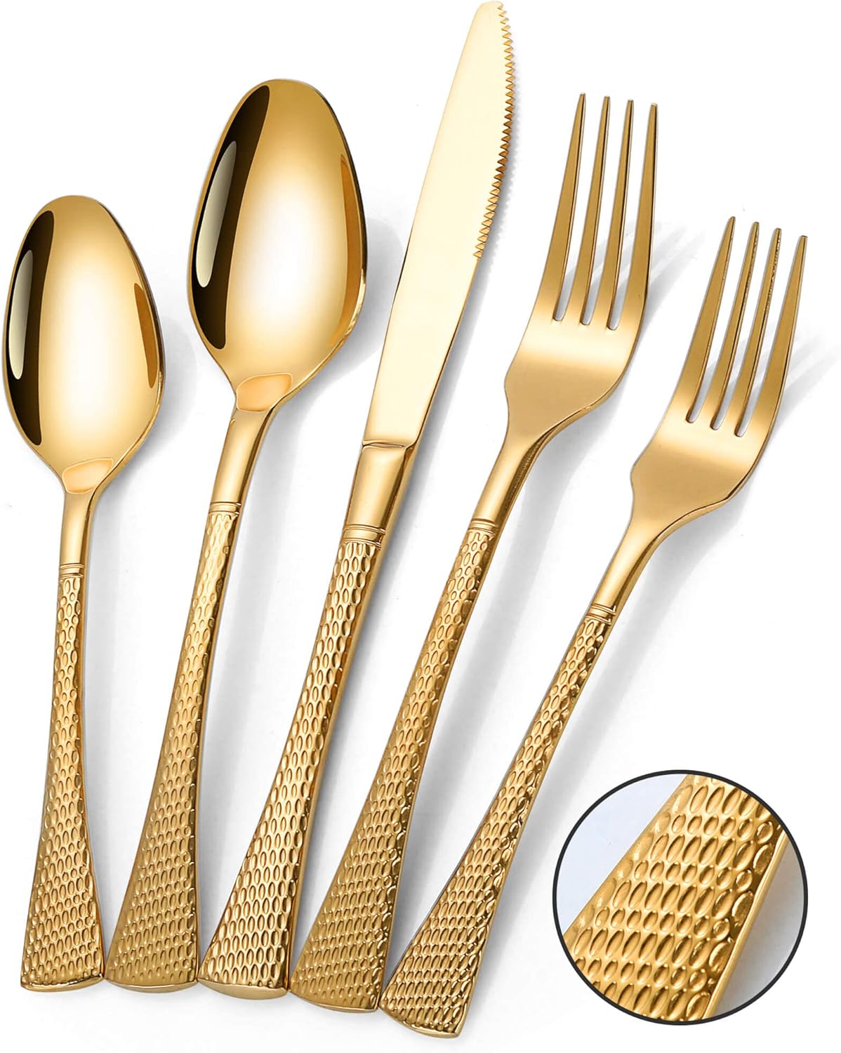 Hammered Gold Silverware Set,20 Piece Modern Flatware Set Service for 4,Mirror Polished Stainless Steel Cutlery Set Utensil Set Tableware Set,Kitchen Knives Forks Spoons Set,Dishwasher Safe