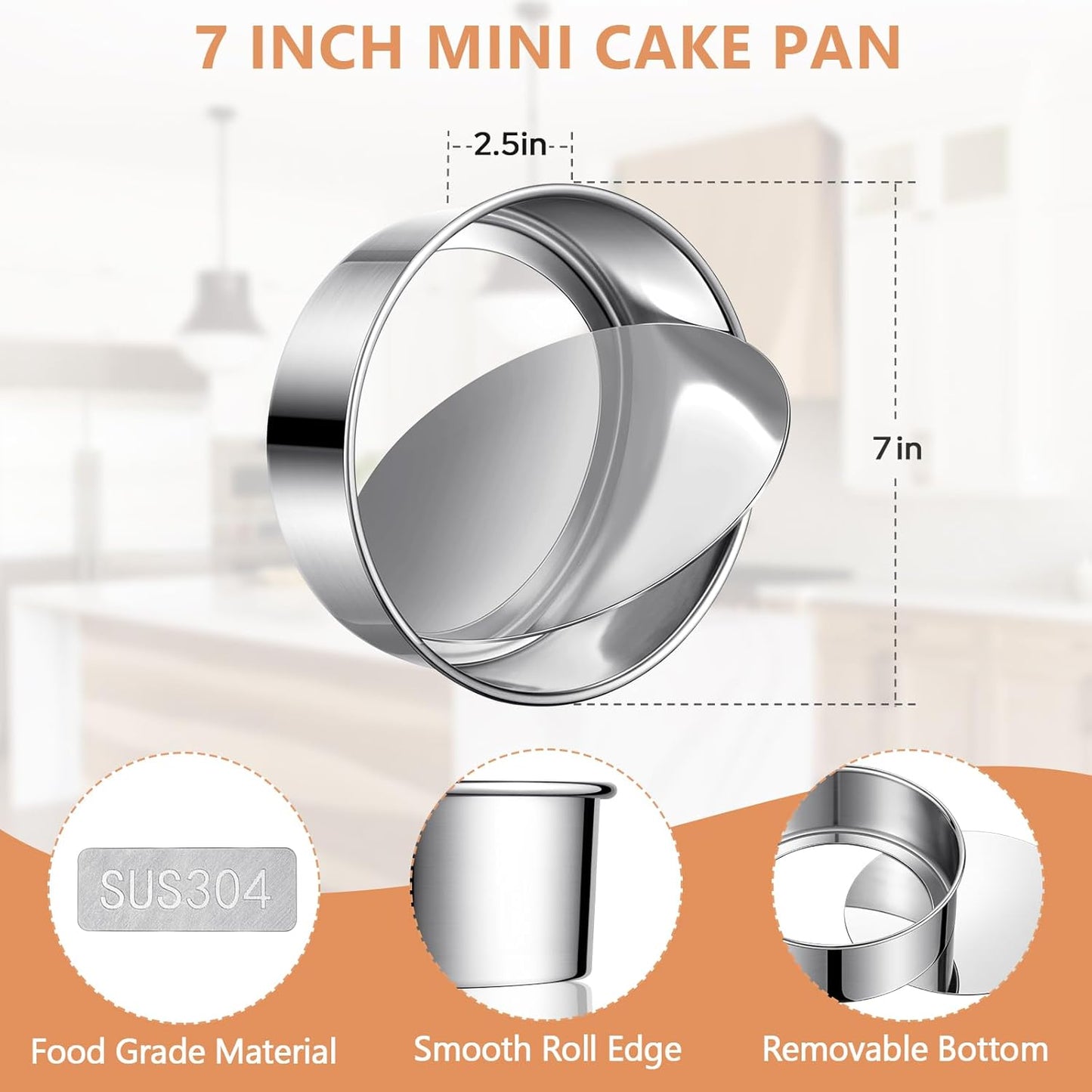 7 Inch Round Cake Pans, Removable Bottom & Easy Releasing, 304 Stainless Steel Cake Pan, Non-Toxic & Healthy Cake Baking Cheesecake Pan, Leakproof & Nonstick