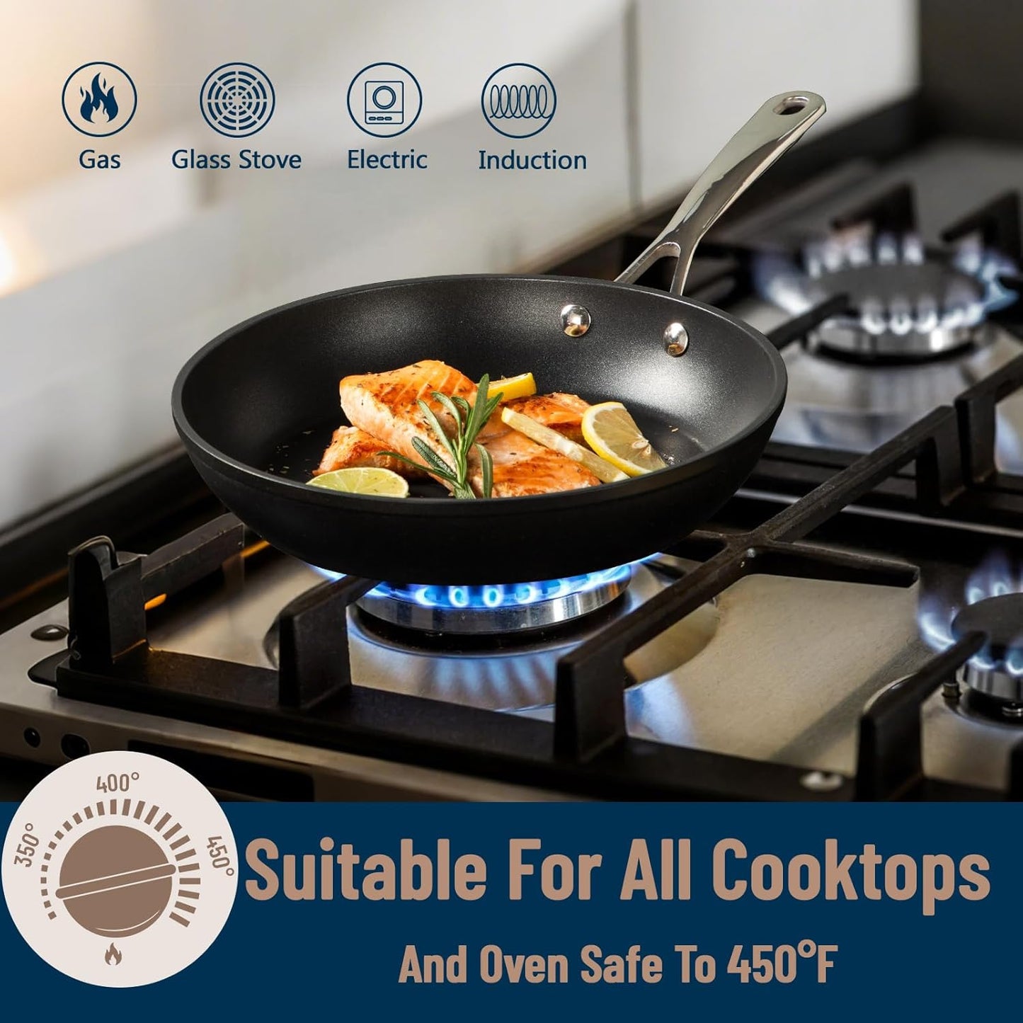 UCC LIFE 9.5" Nonstick Frying Pan, Non Stick Fry Pans Skillets, Egg Omelet Pan, Stainless Steel Handle, Oven Safe Compatible with All Stove-tops (Black)