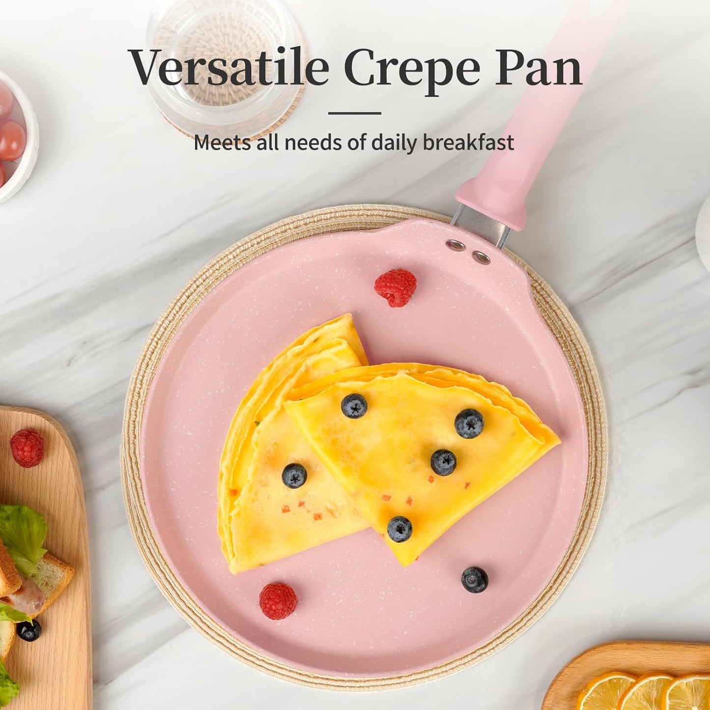 11 inch Nonstick Crepe Pan, Granite Coating Flat Skillet Dosa Tawa Tortilla Pan, Pink Large Pancake Griddle Comal Pan, Compatible with All Stovetops, PFOA Free
