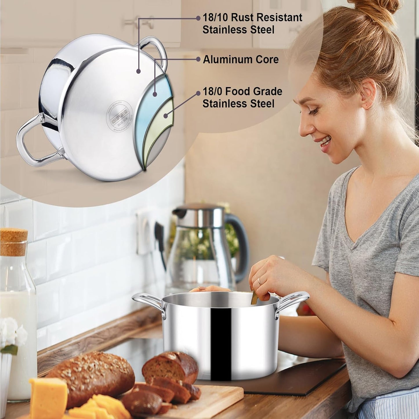 LIANYU 8QT 18/10 Stainless Steel Stock Pot with Lid, 8 Quart Stockpot with Triple Ply, Heavy Duty Big Cooking Pasta Soup Canning Induction Pot for Boiling Strew Simmer