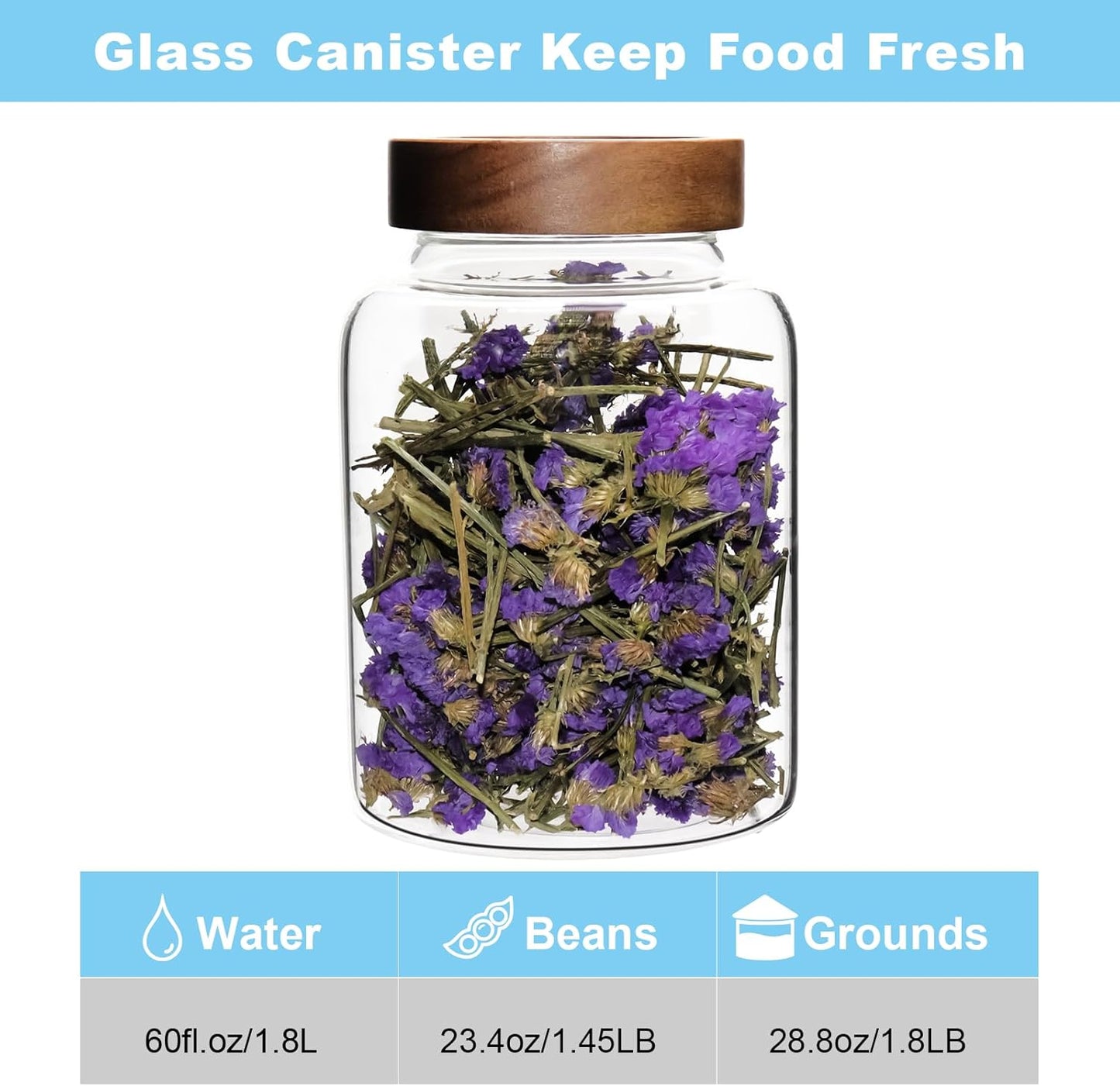 Glass Spice Jar Coffee Sugar Container Airtight Glass Jar Food Storage Canisters Bottle for Kitchen Seasoning Tea Herb Overnight Oats Bar Parfait Snacks (1800ml(60oz)-1 pack-no spoon)