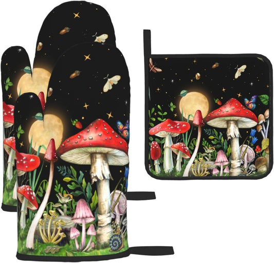Cute Mushroom Oven Mitts and Pot Holders Sets of 3 Holiday Kitchen Decor Heat Resistant Witchy Hot Pads Oven Gloves for Cooking Grilling Baking