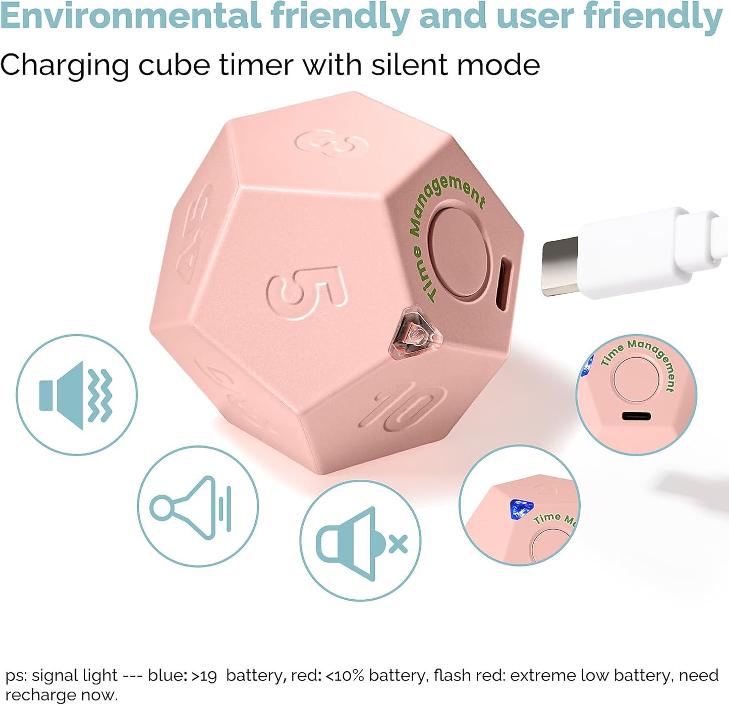 KADAMS Pomodoro Cube Timer Productivity-11 Preset Countdowns, Flip-to-Start Gravity Activation - Sound Vibrate Mute Rechargeable - Ideal for ADHD Kid Kitchen Classroom Cook Study Exercise - Pink
