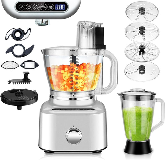 Homtone 16 Cup Food Processor, Large 11-in-1 Heavy Duty Food Processors and Blender Combo- 5 Preset Modes for Chopping,Shredding, Slicing, Kneading, Blending, Stepless Speed Control, 650W, Silver