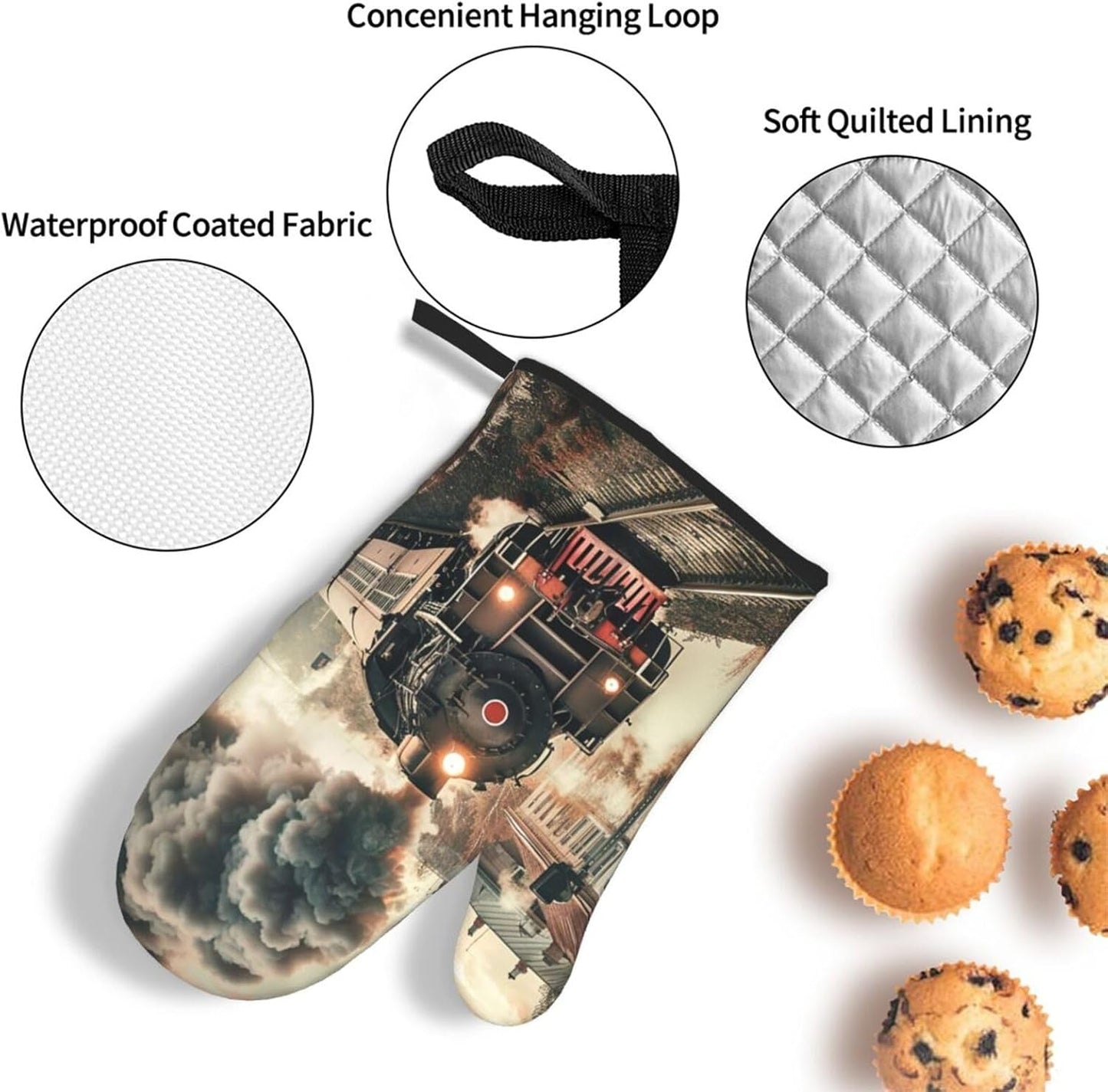 Train Travelling Oven Mitts and Pot Holders Sets of 3 Heat Resistant Oven Gloves Hot Pads Non-Slip Kitchen Accessories for Baking Cooking Grilling BBQ