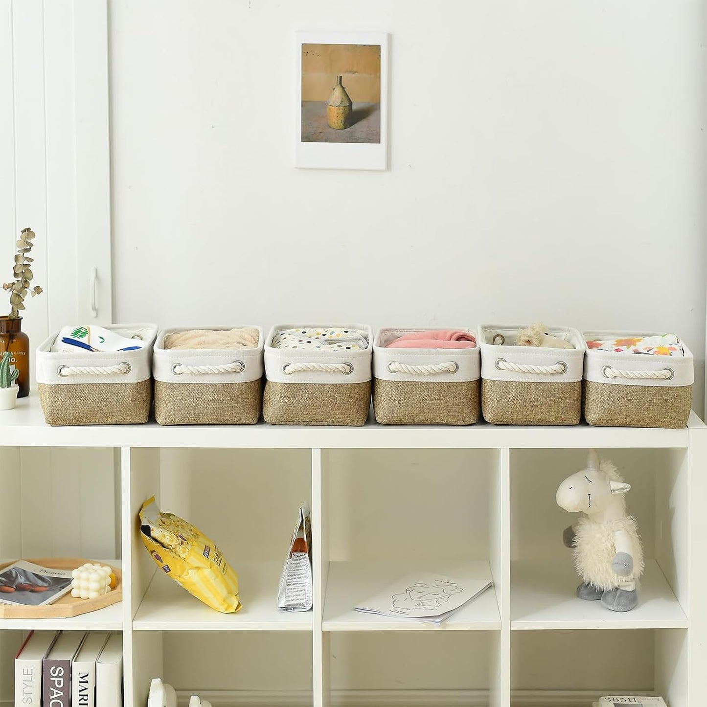 TheWarmHome Storage Basket for Organizing - 1 Pack 12x8x5.2 inch Baskets for Gifts Empty with Handles, Fabric Storage Cubes for Organizer Closet Dog Gift Cloth Toy (Whiet & Khaki)