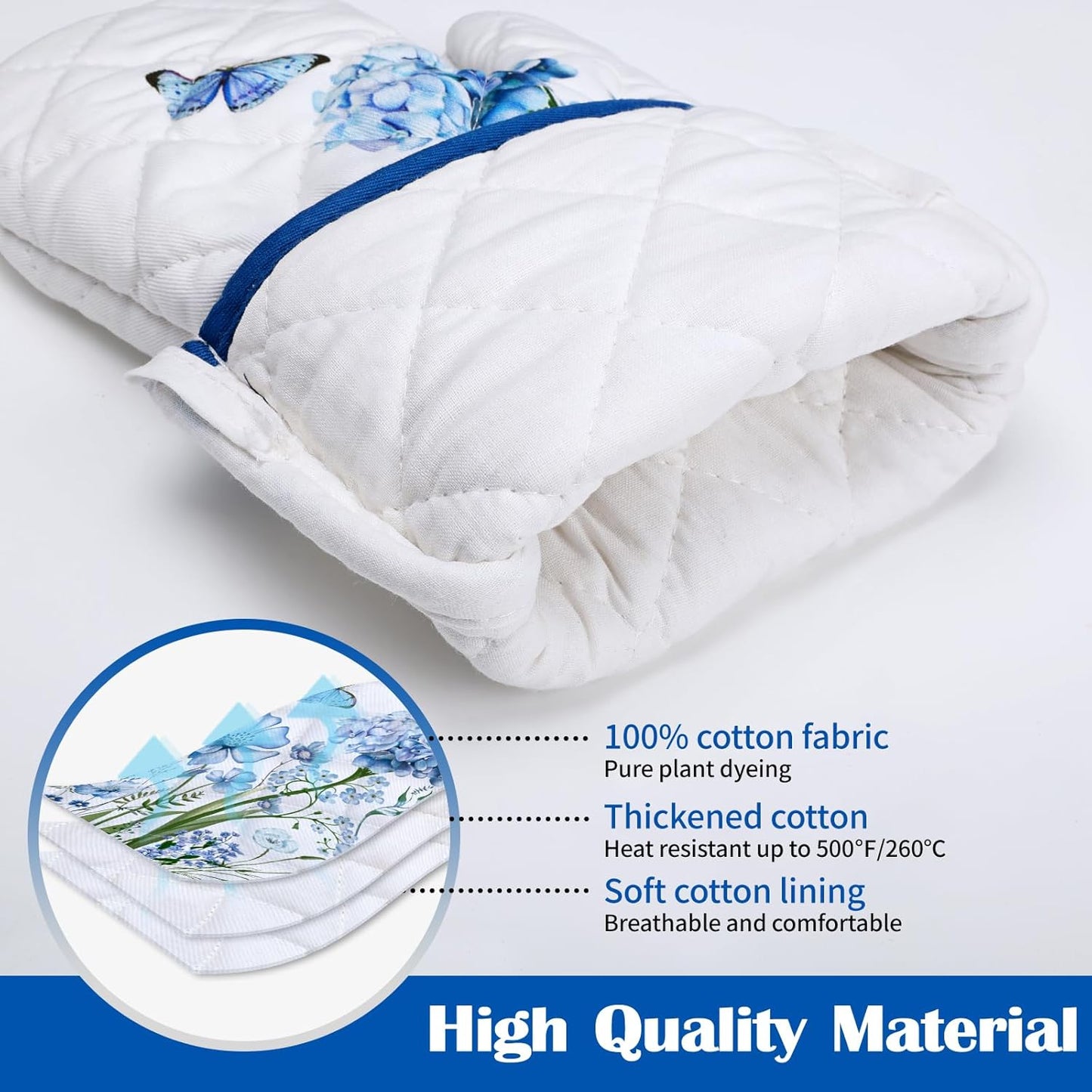 Blue Floral Oven Mitts and Pot Holders Sets 4Pcs, 100% Cotton Heat Resistant, Extra Long Oven Gloves Potholder for Kitchen Cooking Baking Decoration